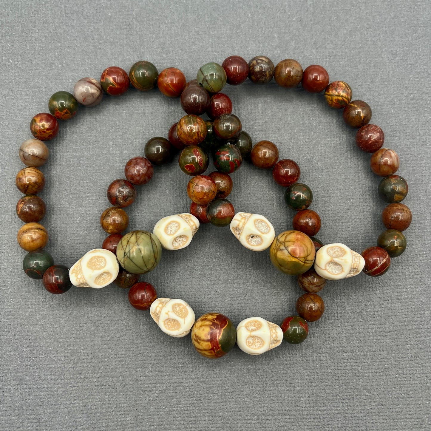 Picasso Jasper, Red Creek Jasper Bone Skull stretchy Halloween Bracelet