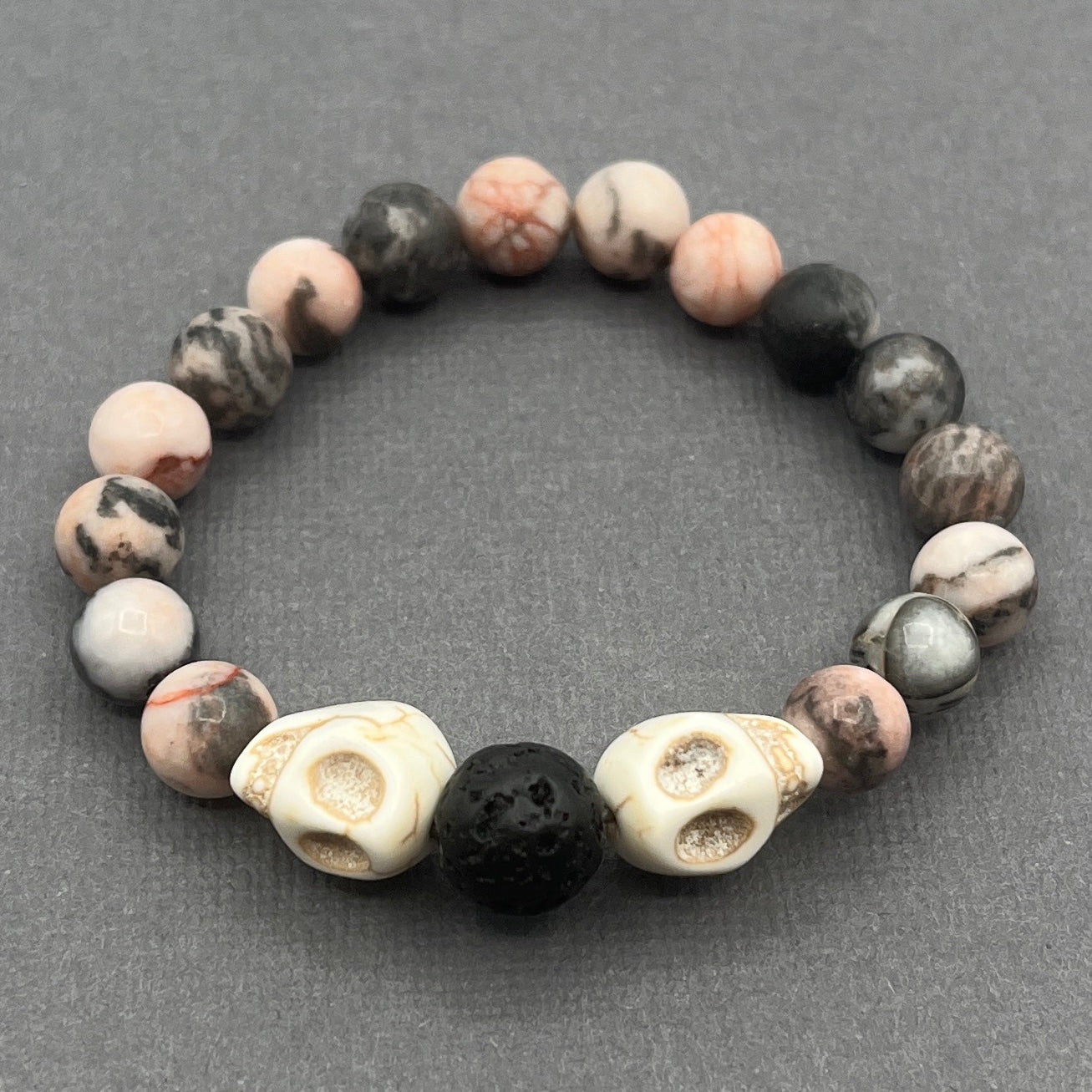 Pink Zebra Jasper Bone Skull Halloween Bracelet with Lava Stone Accent Bead Men's Women's
