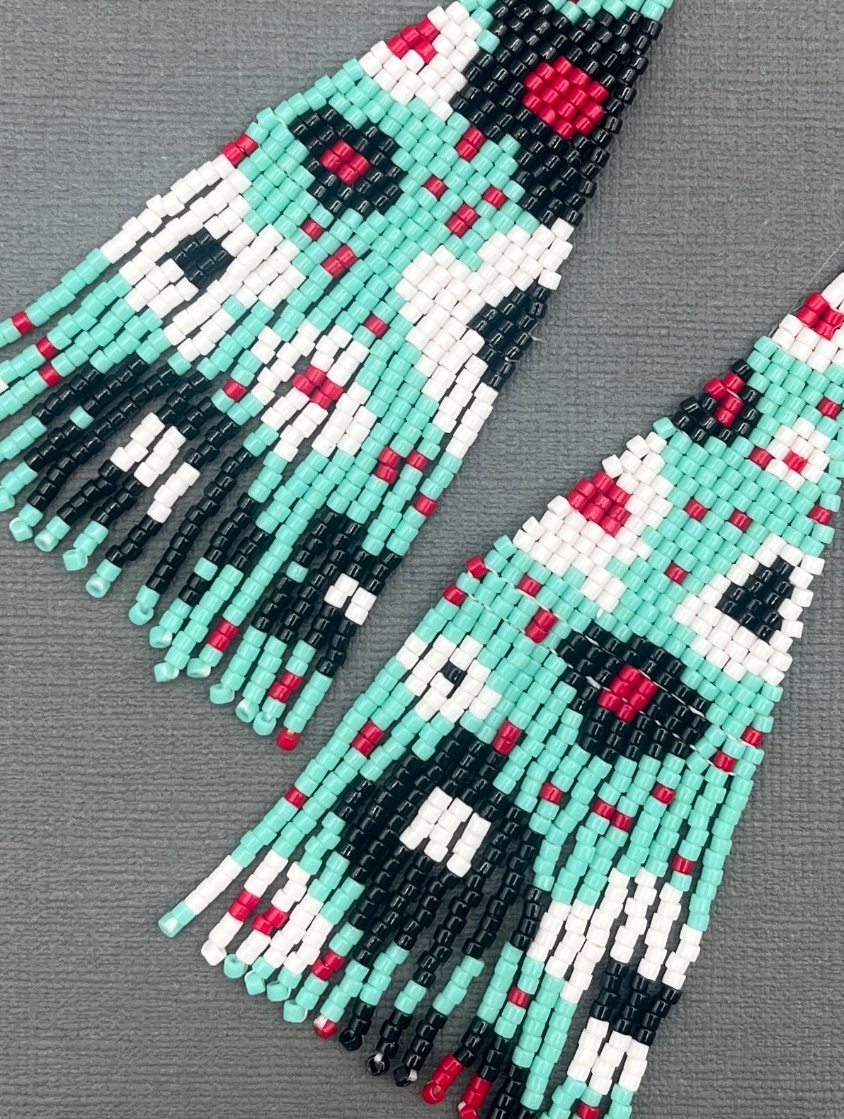 Floral black, white, red and Turquoise Hand Woven Fringe Beaded Earrings
