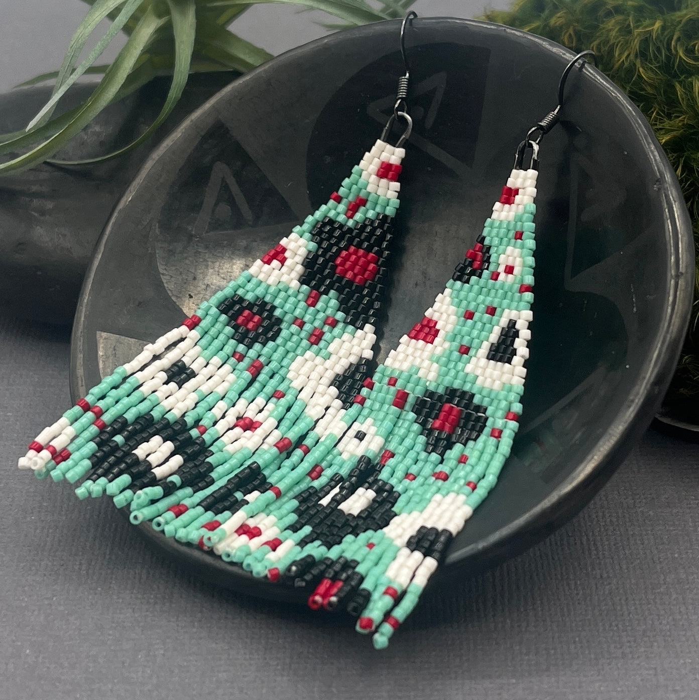 Floral black, white, red and Turquoise Hand Woven Fringe Beaded Earrings