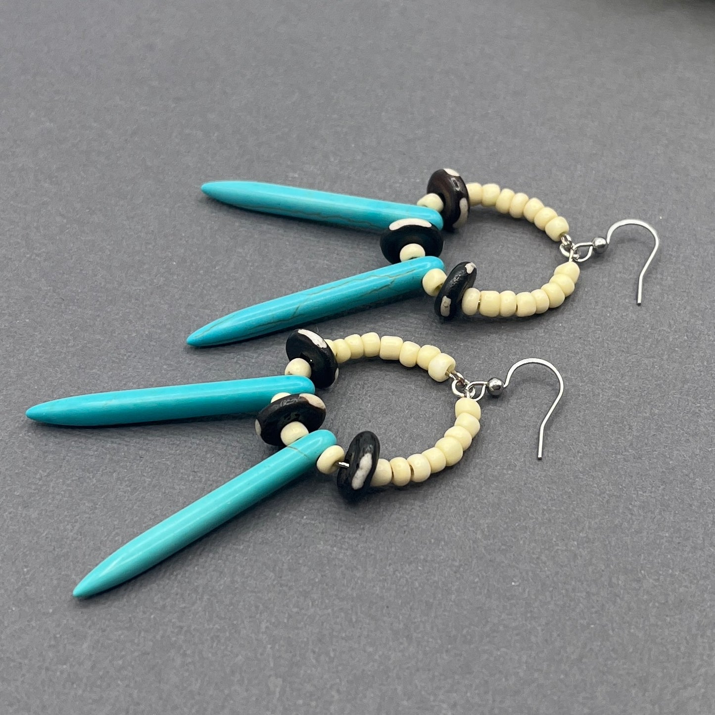 Tribal Turquoise and Bone Beaded Hoop Earrings