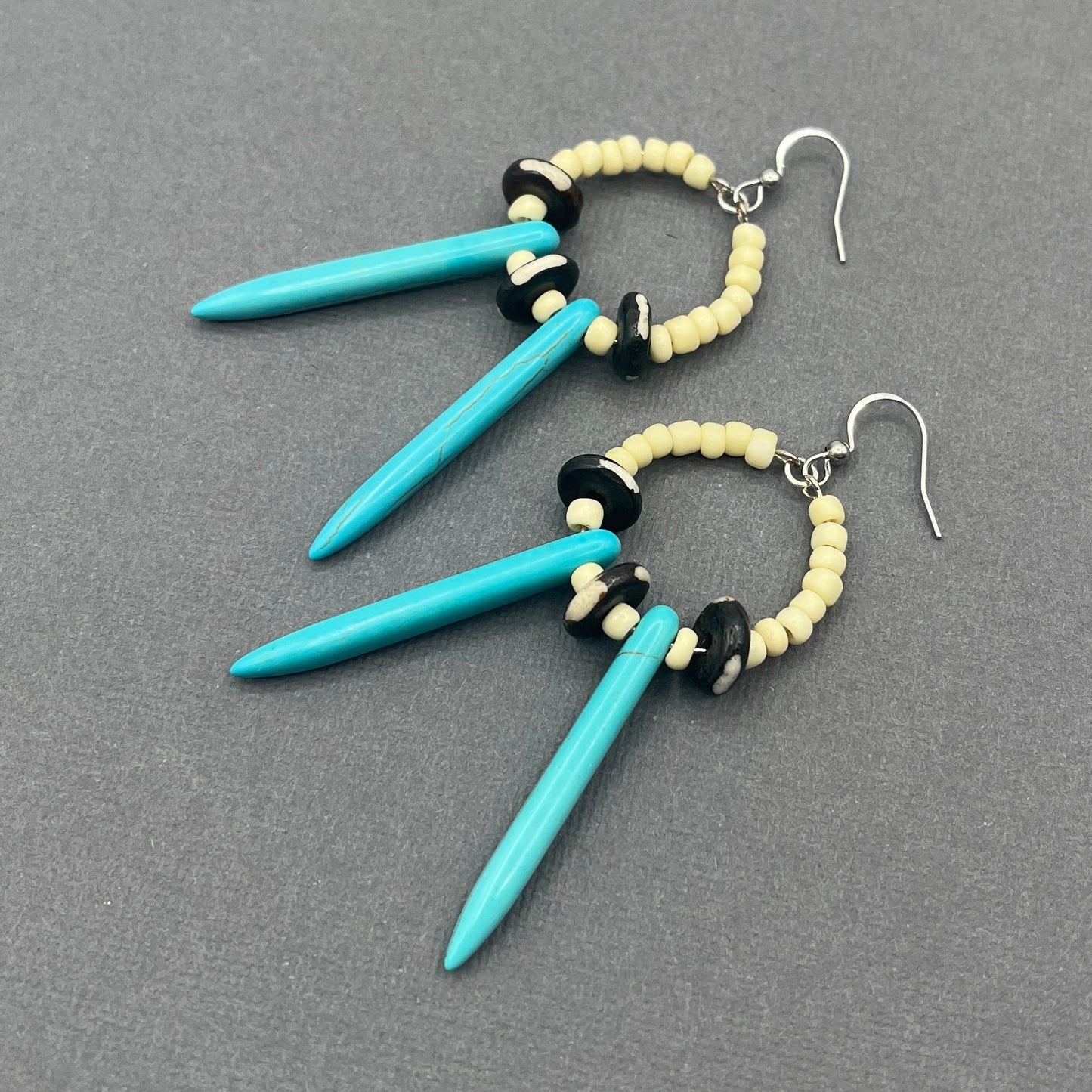 Tribal Turquoise and Bone Beaded Hoop Earrings