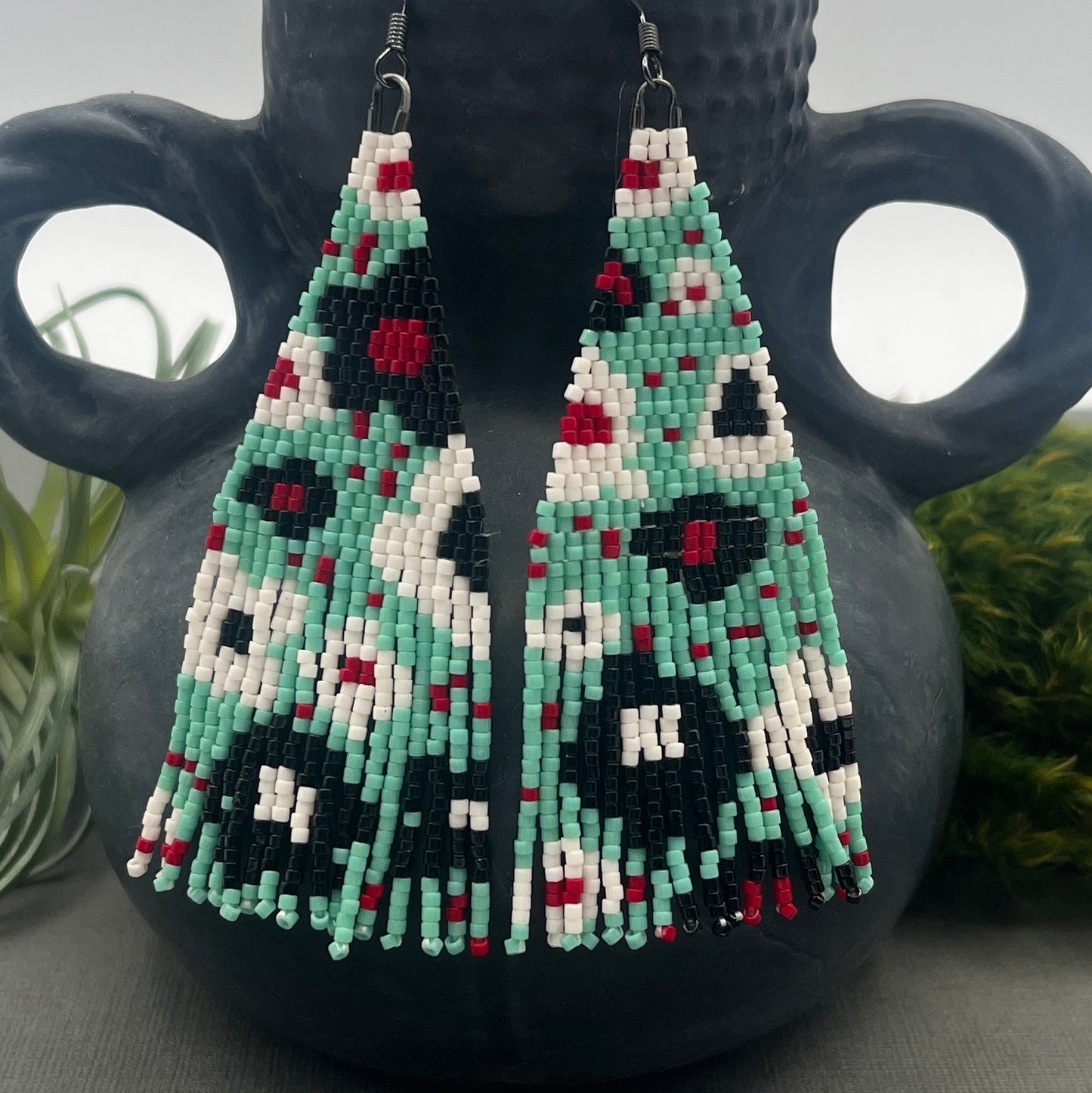 Floral black, white, red and Turquoise Hand Woven Fringe Beaded Earrings