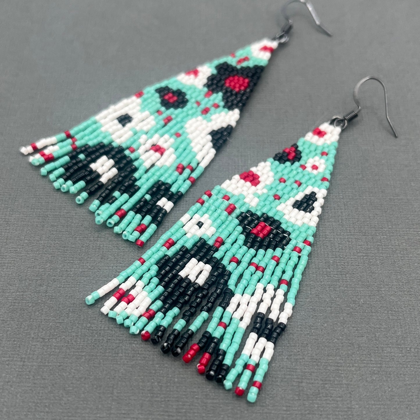 Floral black, white, red and Turquoise Hand Woven Fringe Beaded Earrings