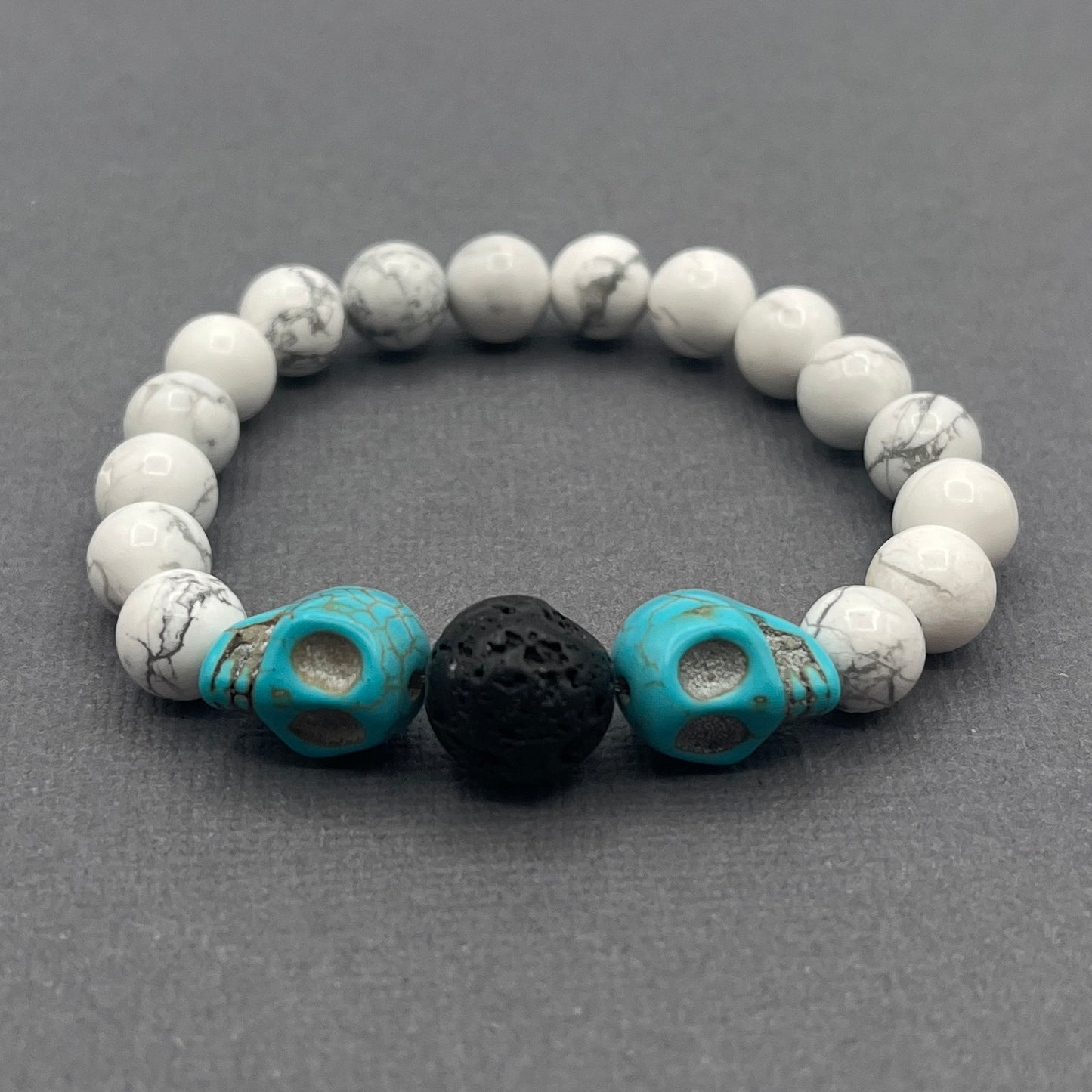 White and turquoise Howlite Skull Halloween Bracelet with Lava Stone Accent Bead Men's Women's
