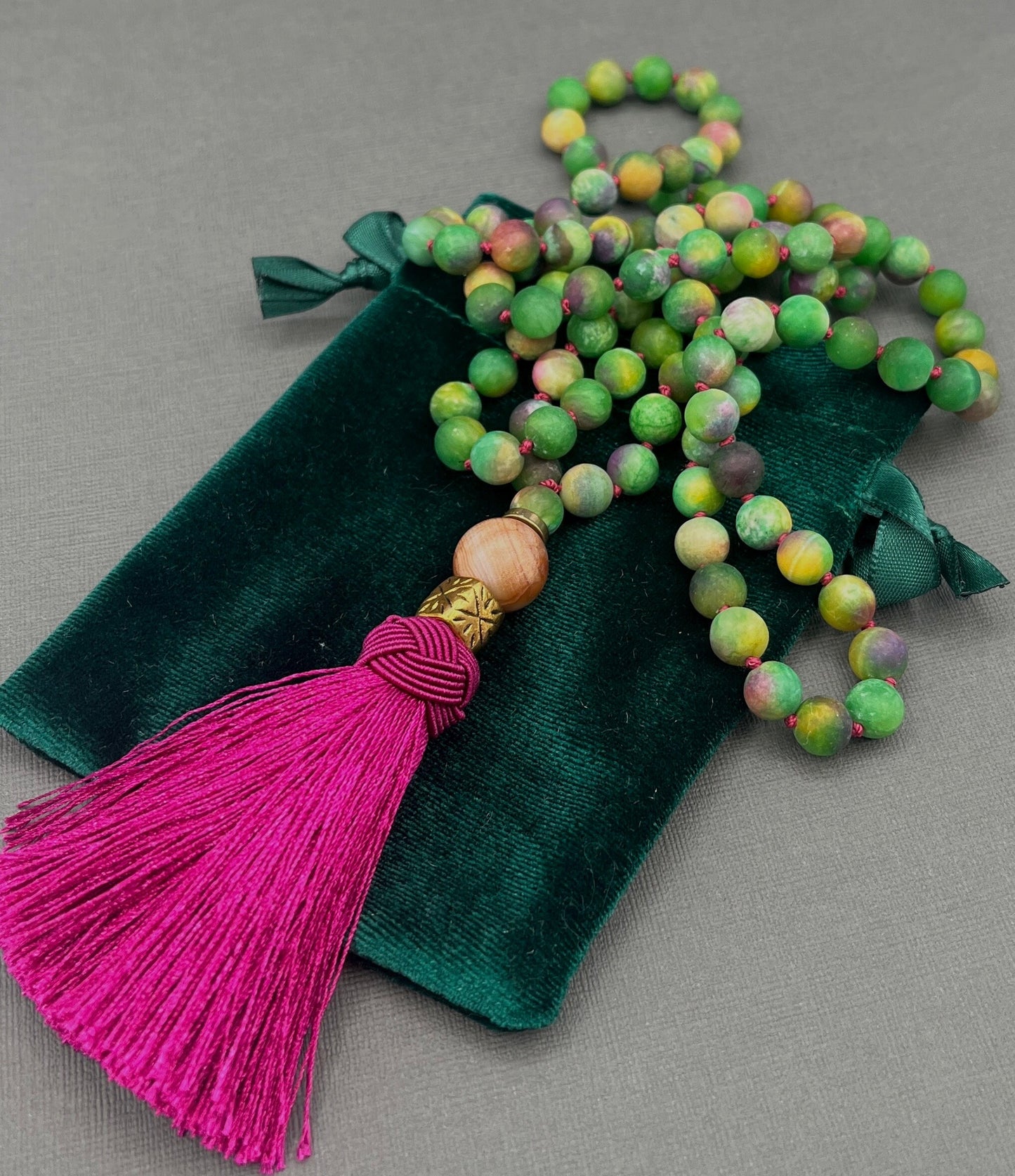 Green Kyanite Mala Necklace, Necklace with tassel, Yoga gift, Meditation Beads, Yoga Beads, BoHo necklace, Prayer Beads