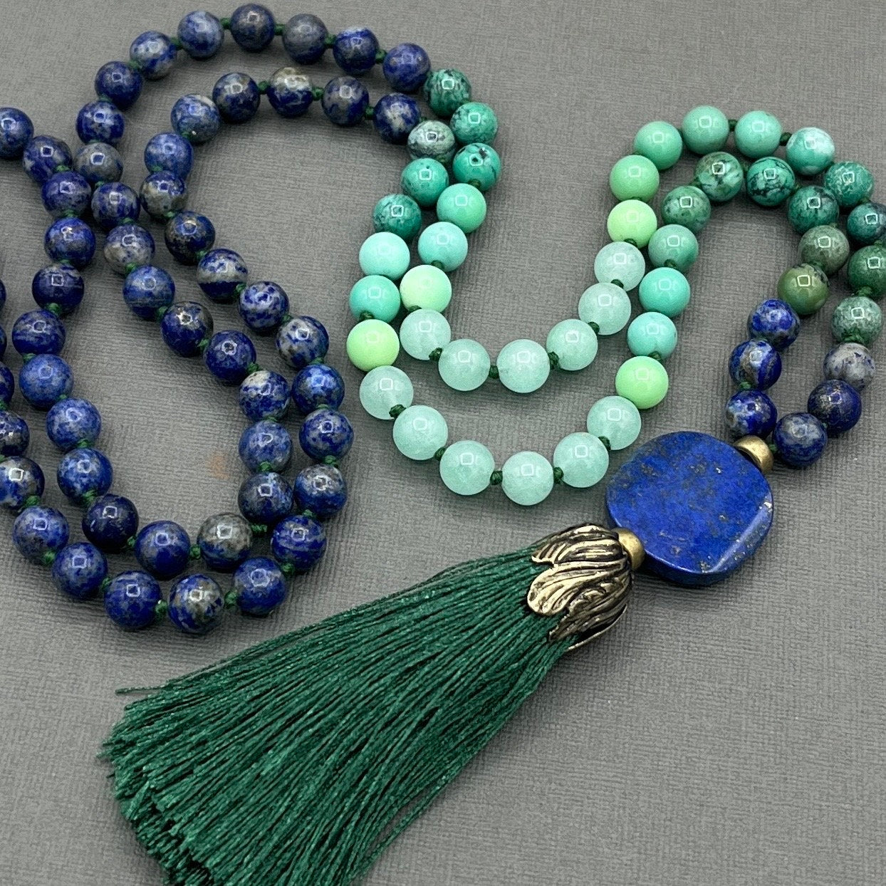 Lapis Lazuli, Blue Amazonite Mala Necklace, long necklace with tassel, Yoga gift, Meditation Beads, Yoga Beads, BoHo necklace, Prayer Beads
