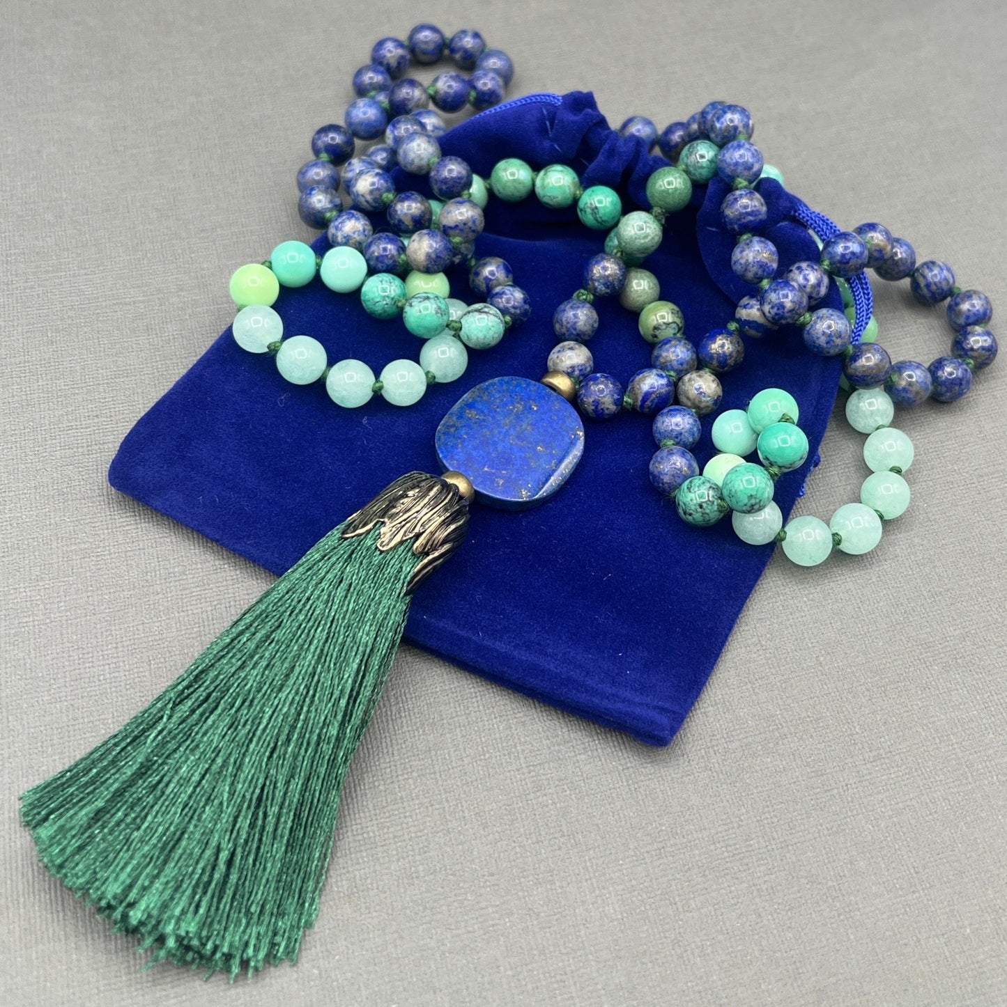 Lapis Lazuli, Blue Amazonite Mala Necklace, long necklace with tassel, Yoga gift, Meditation Beads, Yoga Beads, BoHo necklace, Prayer Beads