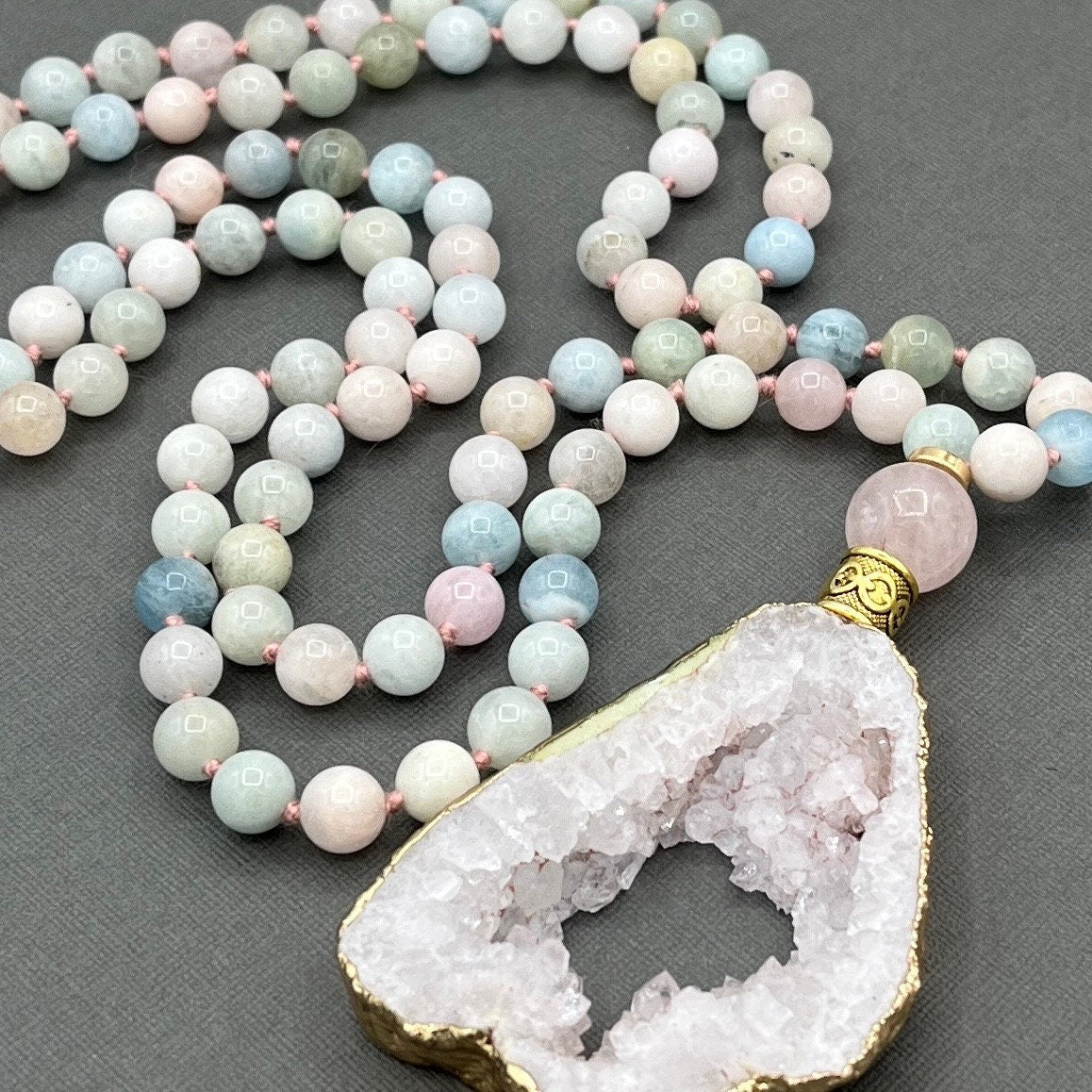 Morganite and Rose Quartz, Japa Mala Necklace, long necklace with tassel, Yoga, Meditation Beads, Yoga Beads, BoHo necklace, Prayer Beads