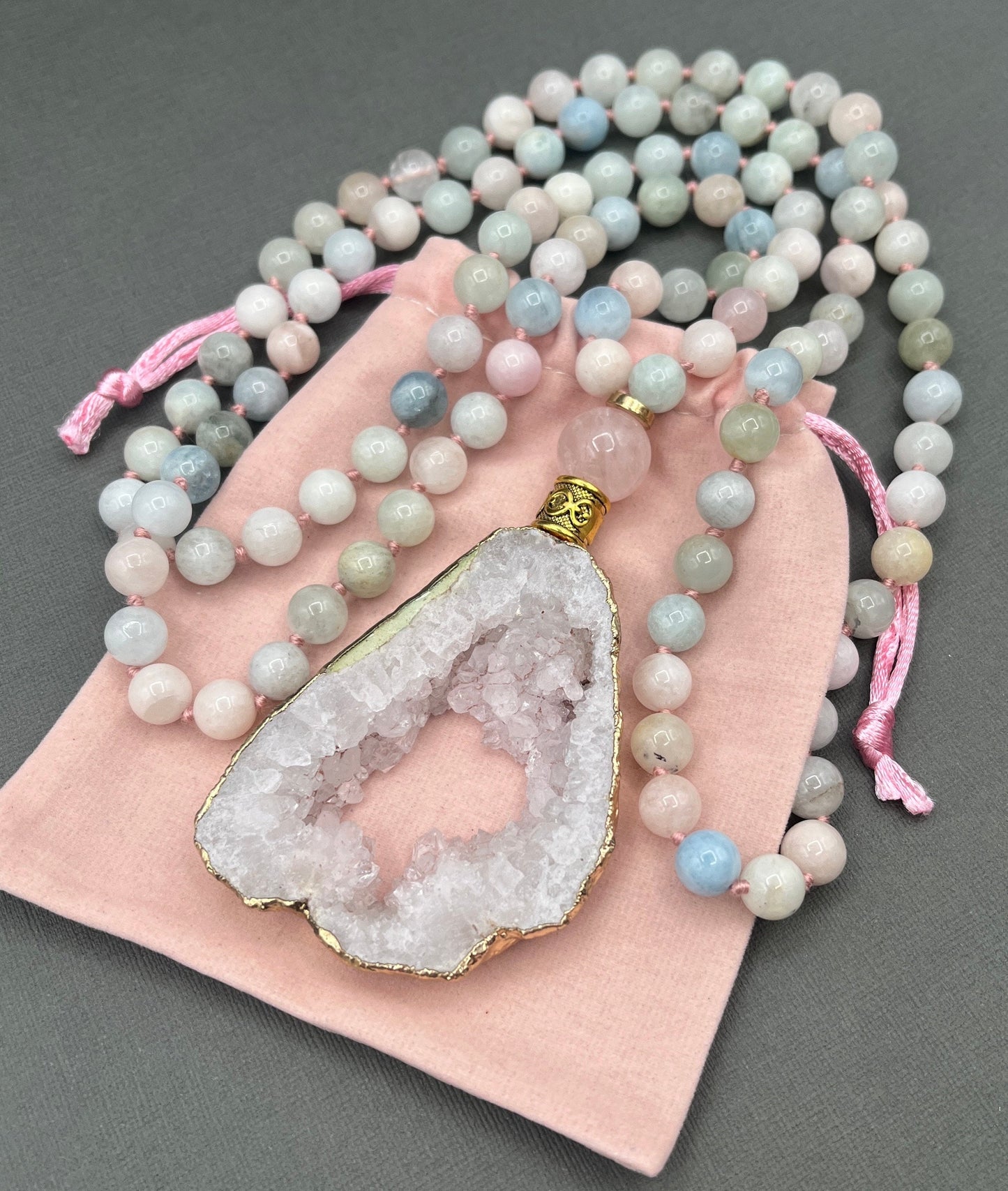 Morganite and Rose Quartz, Japa Mala Necklace, long necklace with tassel, Yoga, Meditation Beads, Yoga Beads, BoHo necklace, Prayer Beads