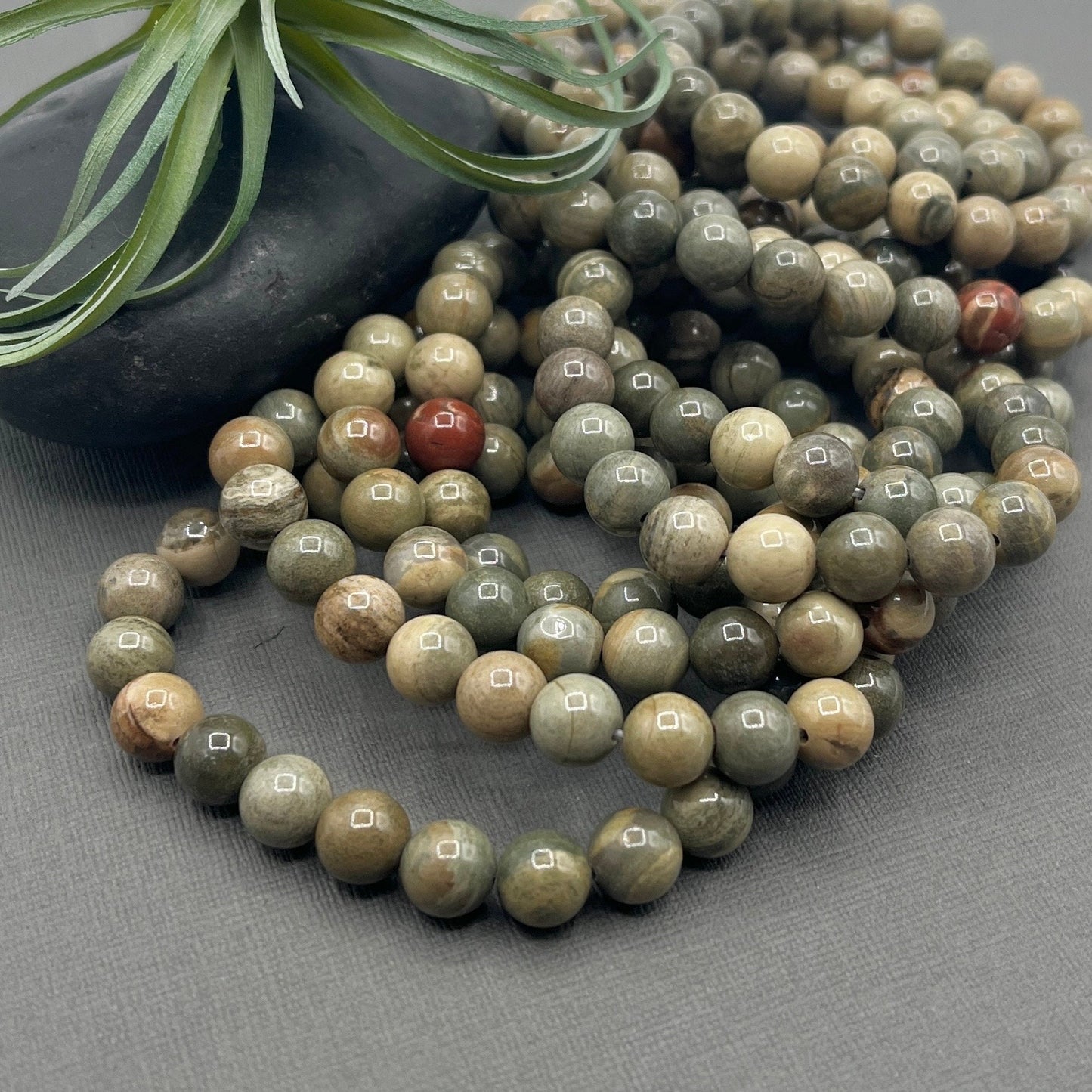 Silver Leaf Jasper Gemstone Bracelet, 8mm Smooth Round Beaded Stretch Bracelet, beaded bracelet, Healing Bracelet, yoga jewelry, yoga gift