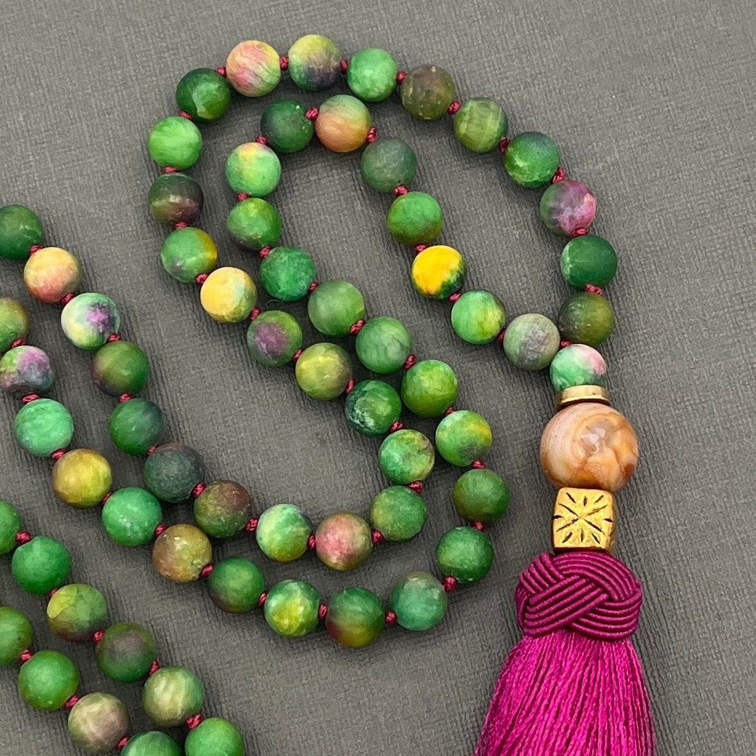 Green Kyanite Mala Necklace, Necklace with tassel, Yoga gift, Meditation Beads, Yoga Beads, BoHo necklace, Prayer Beads