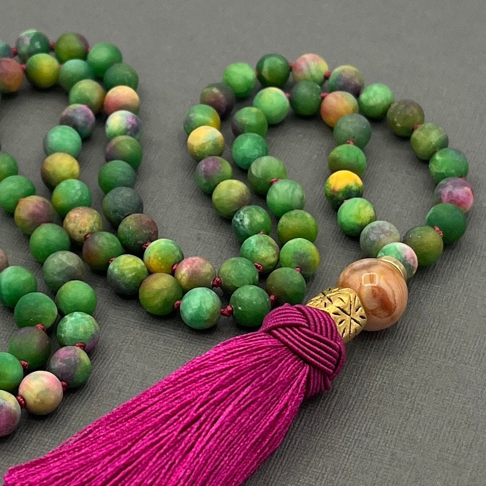 Green Kyanite Mala Necklace, Necklace with tassel, Yoga gift, Meditation Beads, Yoga Beads, BoHo necklace, Prayer Beads