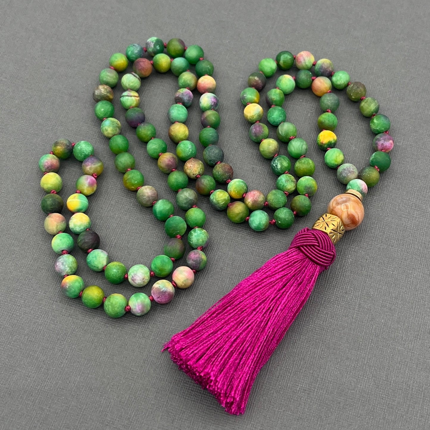 Green Kyanite Mala Necklace, Necklace with tassel, Yoga gift, Meditation Beads, Yoga Beads, BoHo necklace, Prayer Beads
