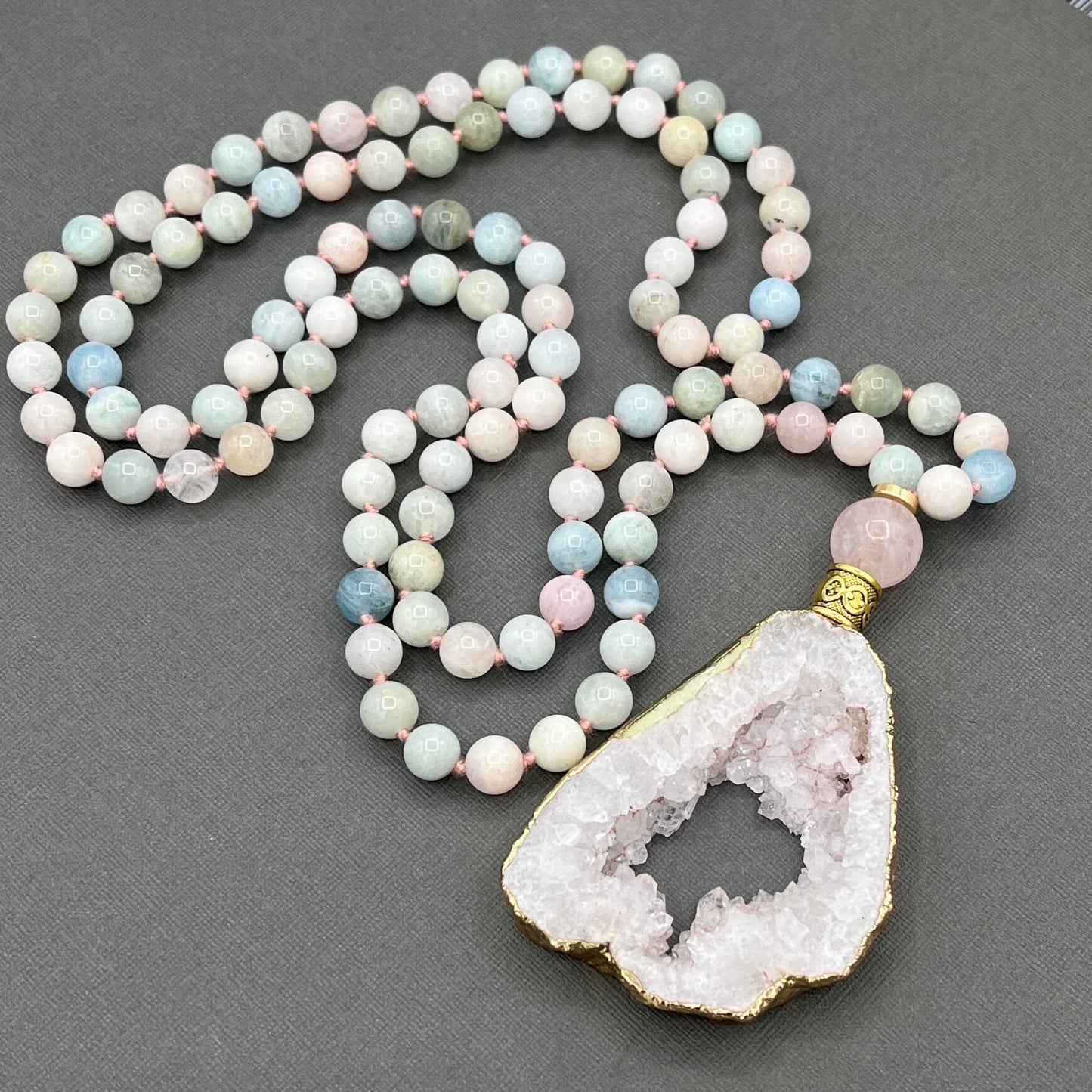 Morganite and Rose Quartz, Japa Mala Necklace, long necklace with tassel, Yoga, Meditation Beads, Yoga Beads, BoHo necklace, Prayer Beads