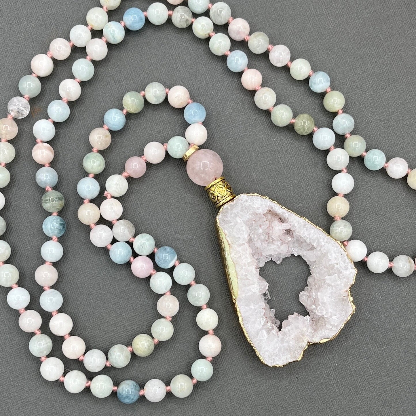 Morganite and Rose Quartz, Japa Mala Necklace, long necklace with tassel, Yoga, Meditation Beads, Yoga Beads, BoHo necklace, Prayer Beads