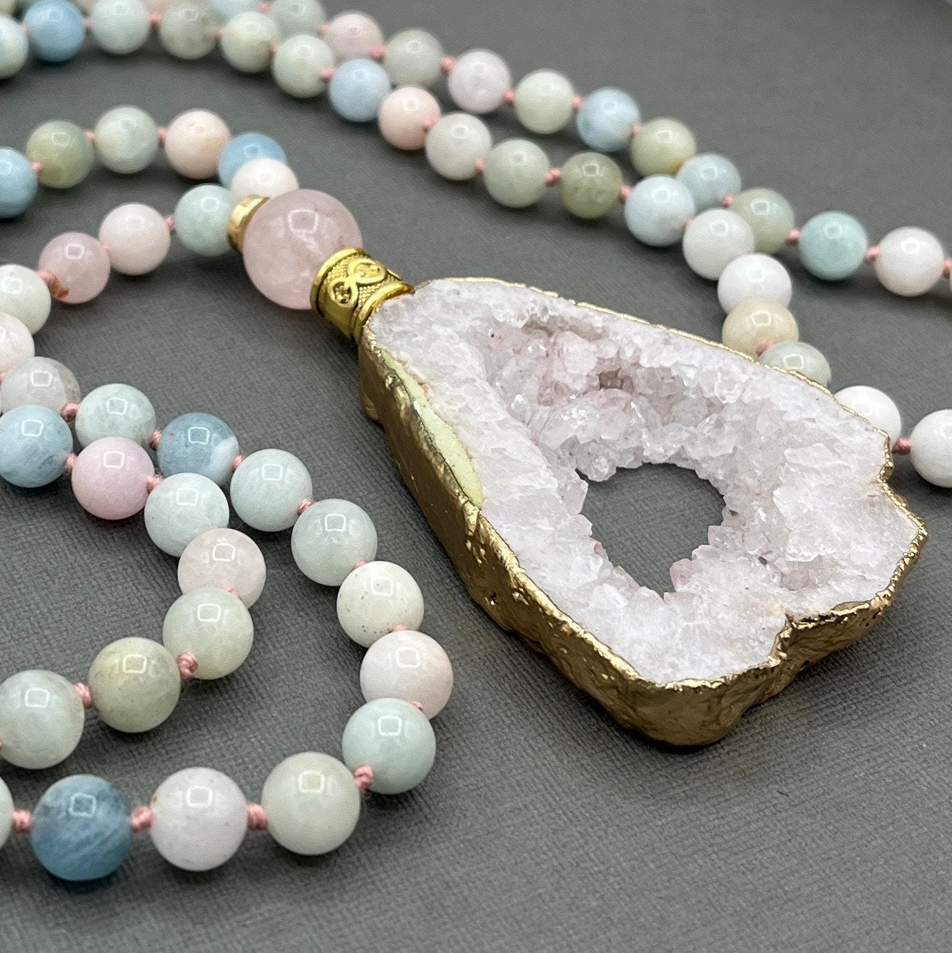 Morganite and Rose Quartz, Japa Mala Necklace, long necklace with tassel, Yoga, Meditation Beads, Yoga Beads, BoHo necklace, Prayer Beads