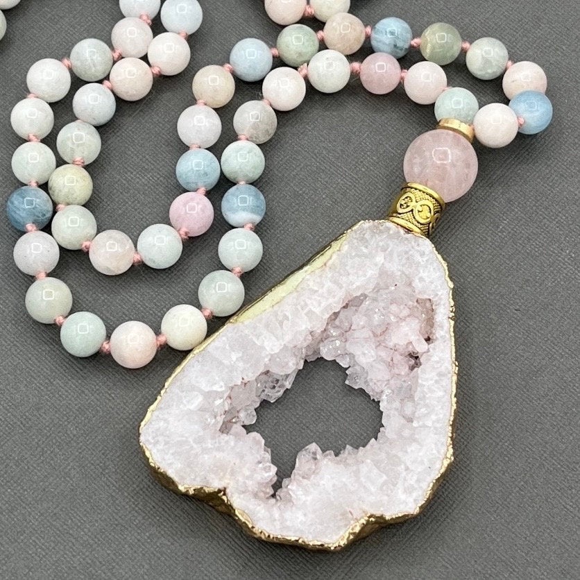 Morganite and Rose Quartz, Japa Mala Necklace, long necklace with tassel, Yoga, Meditation Beads, Yoga Beads, BoHo necklace, Prayer Beads