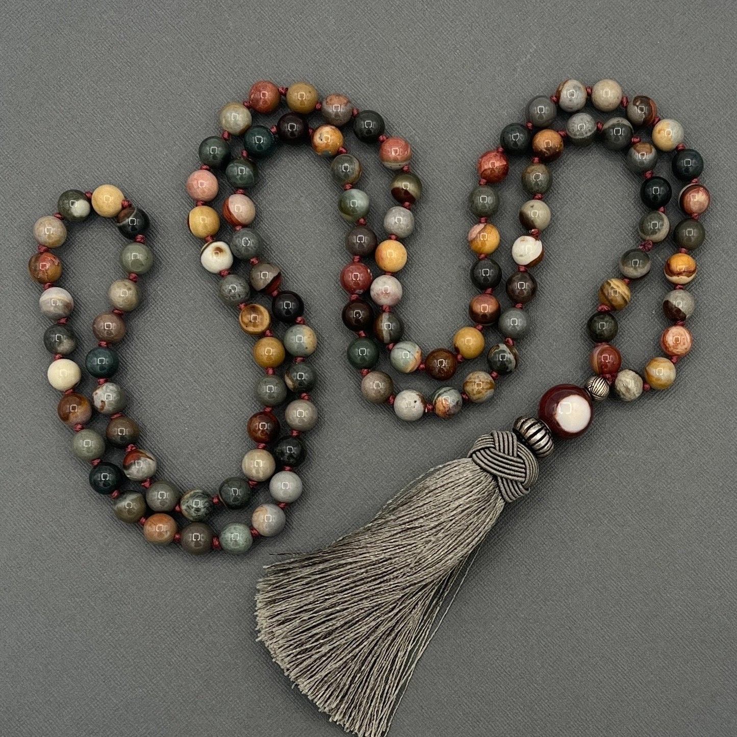 Polychrome Agate/Desert Jasper Mala Necklace, Necklace with tassel, Yoga gift, Meditation Beads, Yoga Beads, BoHo necklace, Prayer Beads