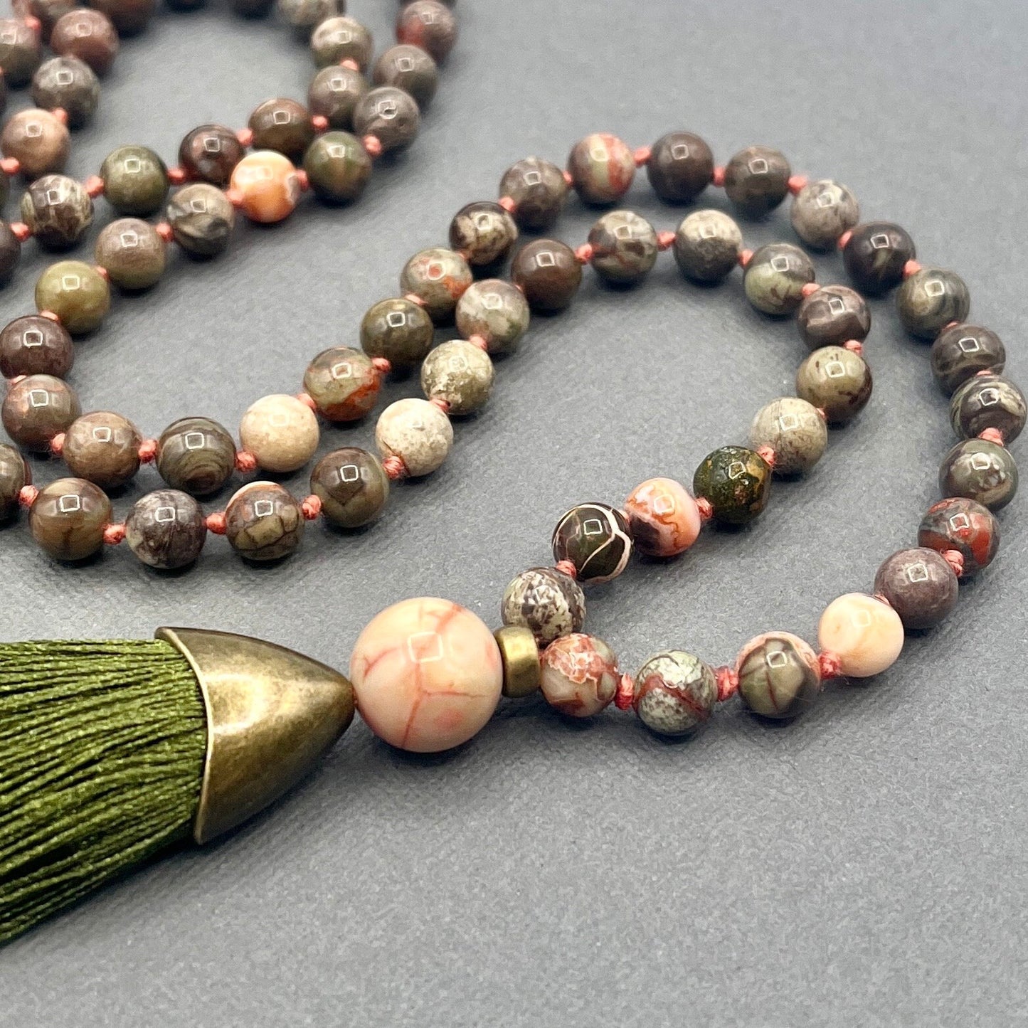 Rainforest Jasper Mala Necklace, Necklace with tassel, Yoga gift, Meditation Beads, Yoga Beads, BoHo necklace, Prayer Beads