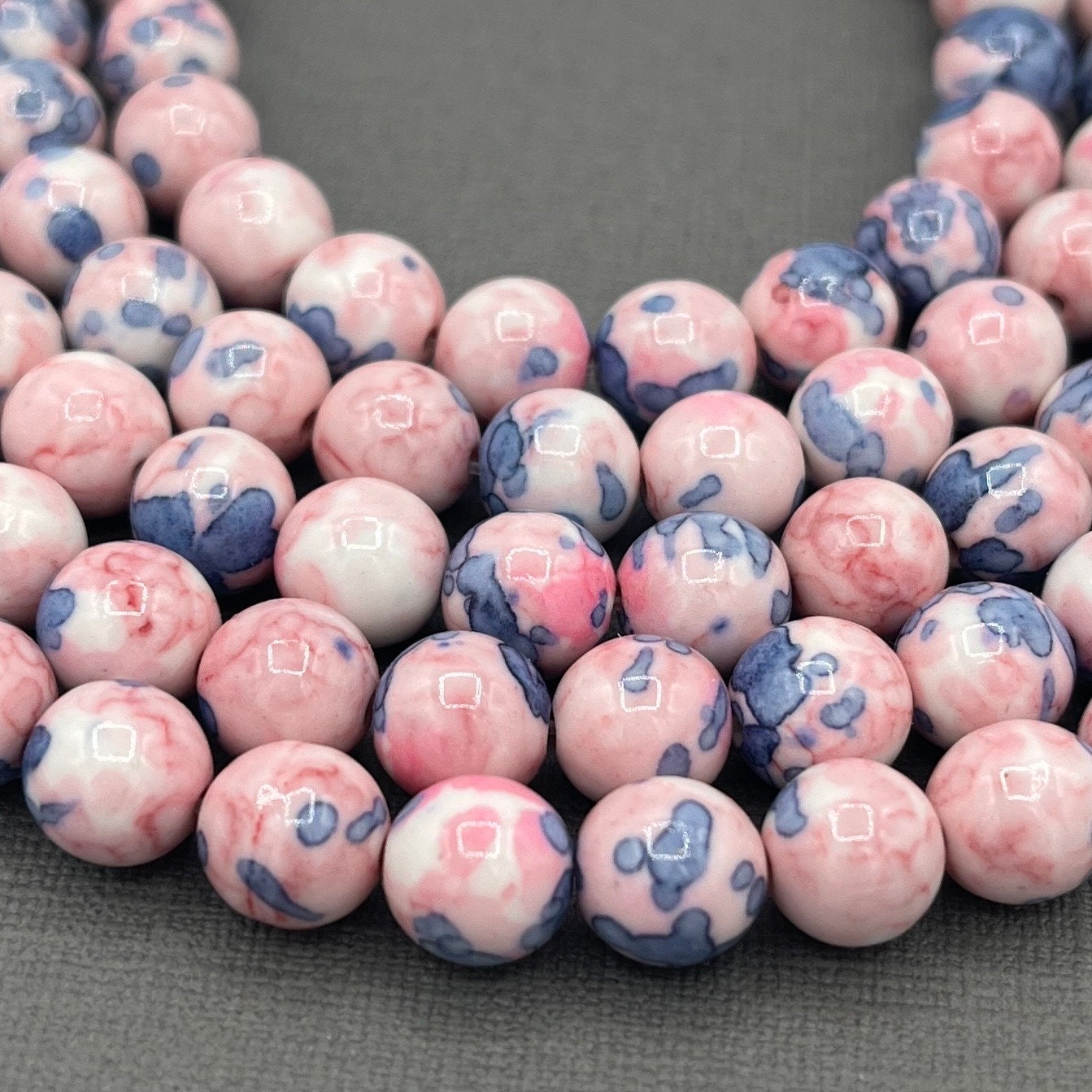 Pink/Blue 8mm Smooth Round Rain Flower Dyed Jasper Gemstone Strand of Beads