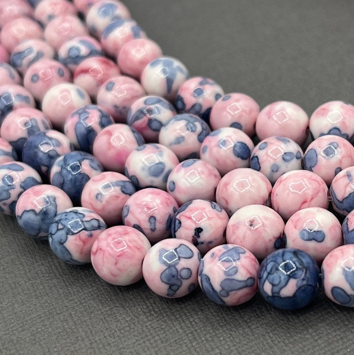 Pink/Blue 8mm Smooth Round Rain Flower Dyed Jasper Gemstone Strand of Beads