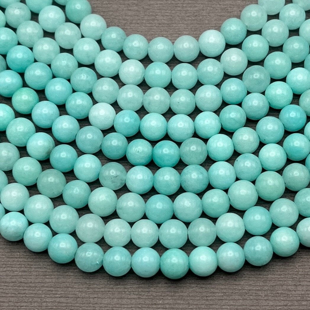 Natural 6mm Smooth Round Light Blue Jade Gemstone Strand of Beads