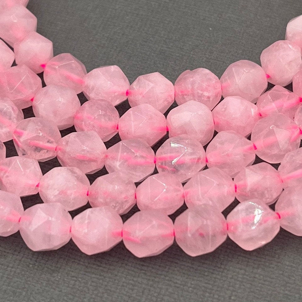 Natural 4mm/6mm/8mm Rose Quartz Faceted Round Star Cut Gemstone Strand of Beads