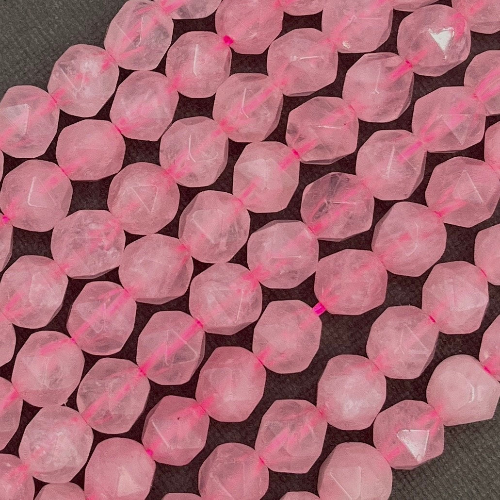 Natural 4mm/6mm/8mm Rose Quartz Faceted Round Star Cut Gemstone Strand of Beads