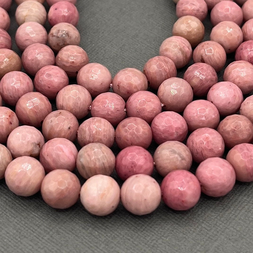 Natural 8mm Faceted Round Rhodonite Gemstone Strand of Beads