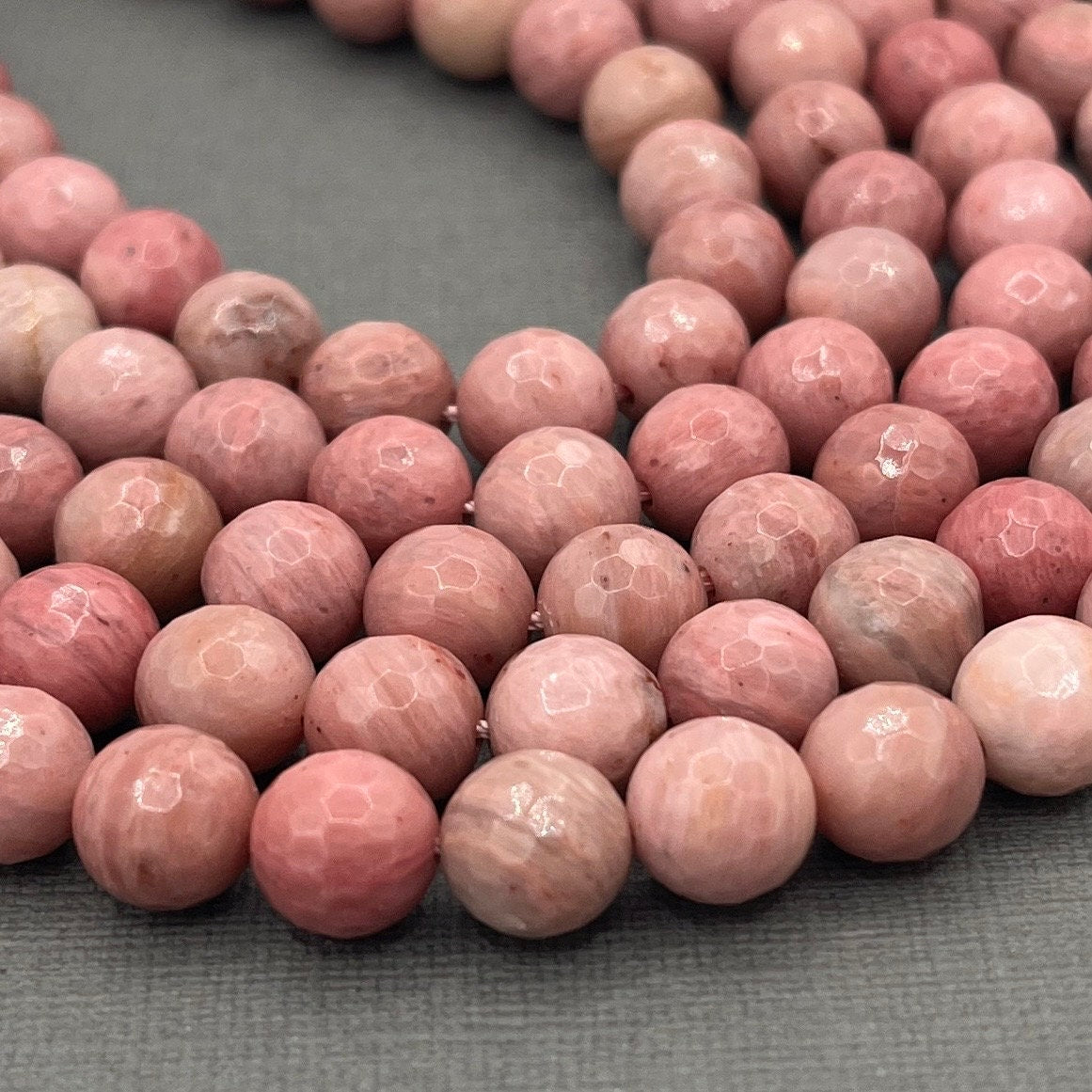 Natural 8mm Faceted Round Rhodonite Gemstone Strand of Beads