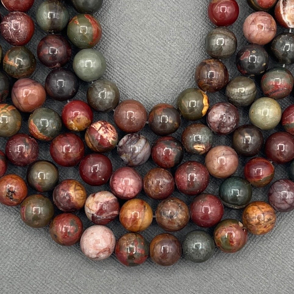 Natural 8mm Smooth Round Picasso Jasper Gemstone Strand of Beads, Red Creek Jasper