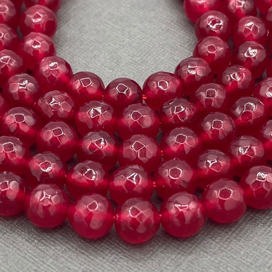 Natural 8mm Round Faceted Deep Cranberry Red Jade Strand of Beads