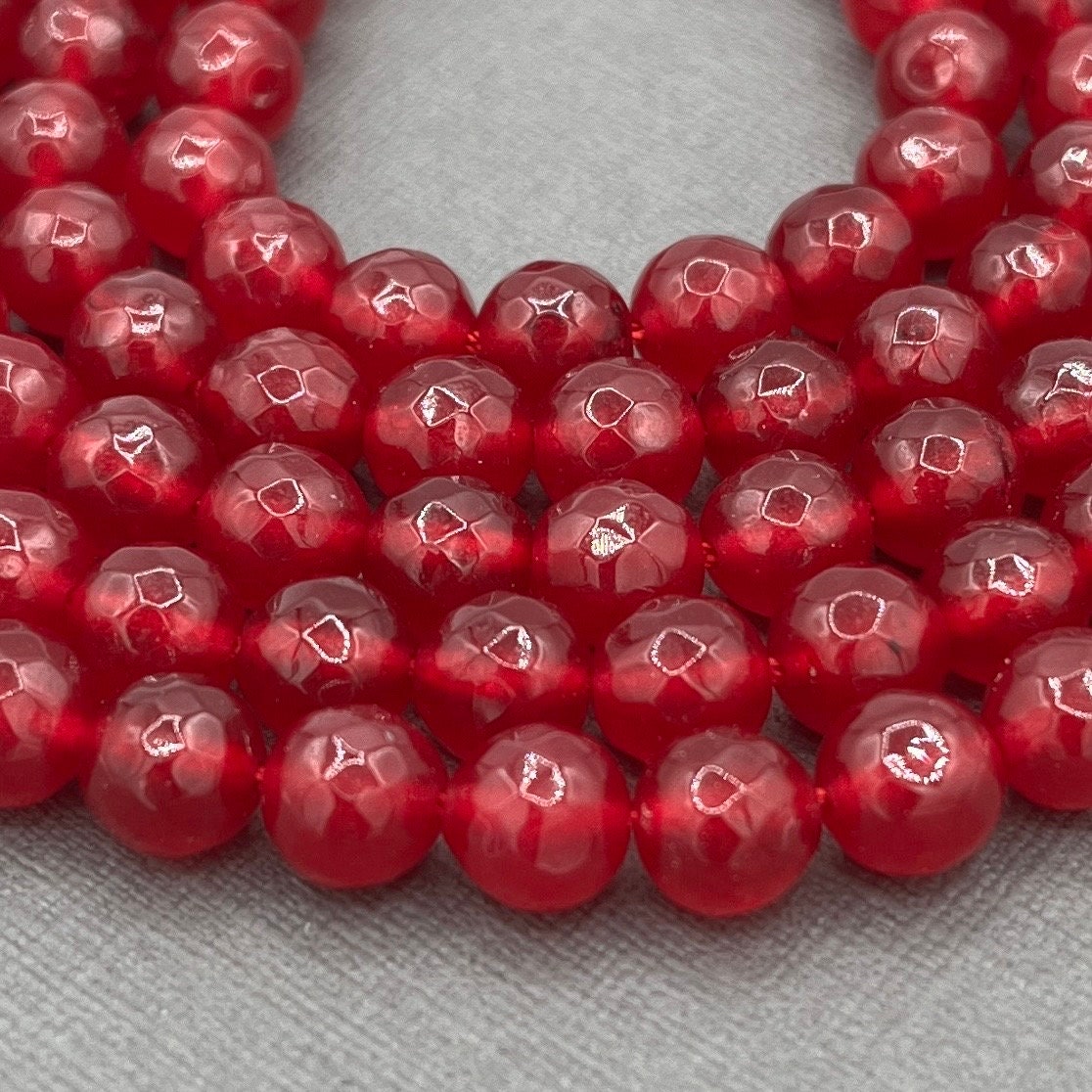 Natural 8mm Round Faceted Deep Cranberry Red Jade Strand of Beads