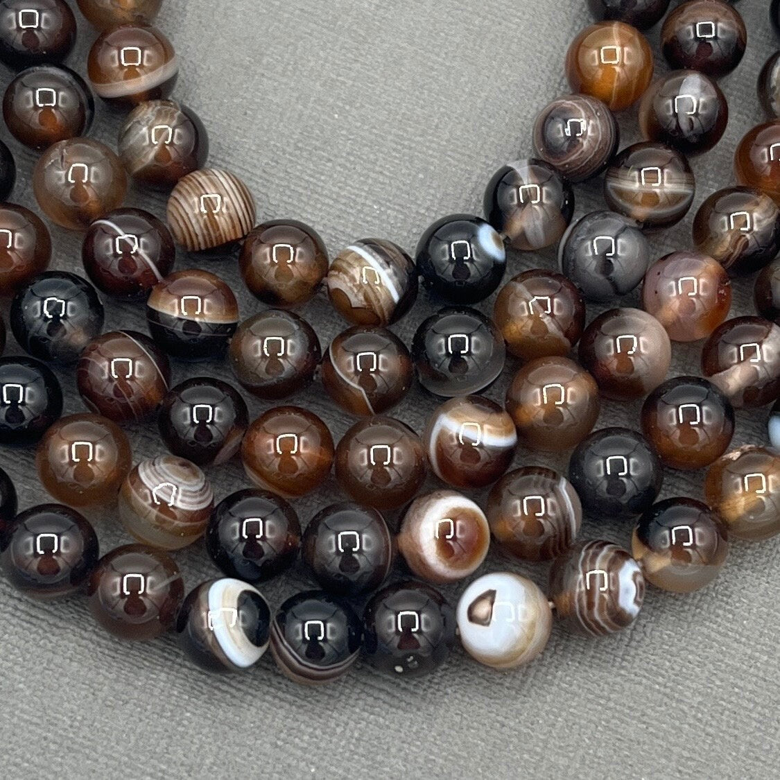 Natural 8mm Smooth Round Dark Brown Banded Agate Gemstone 15 Inch Strand of Beads