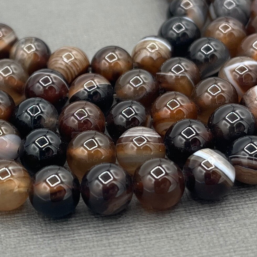 Natural 8mm Smooth Round Dark Brown Banded Agate Gemstone 15 Inch Strand of Beads