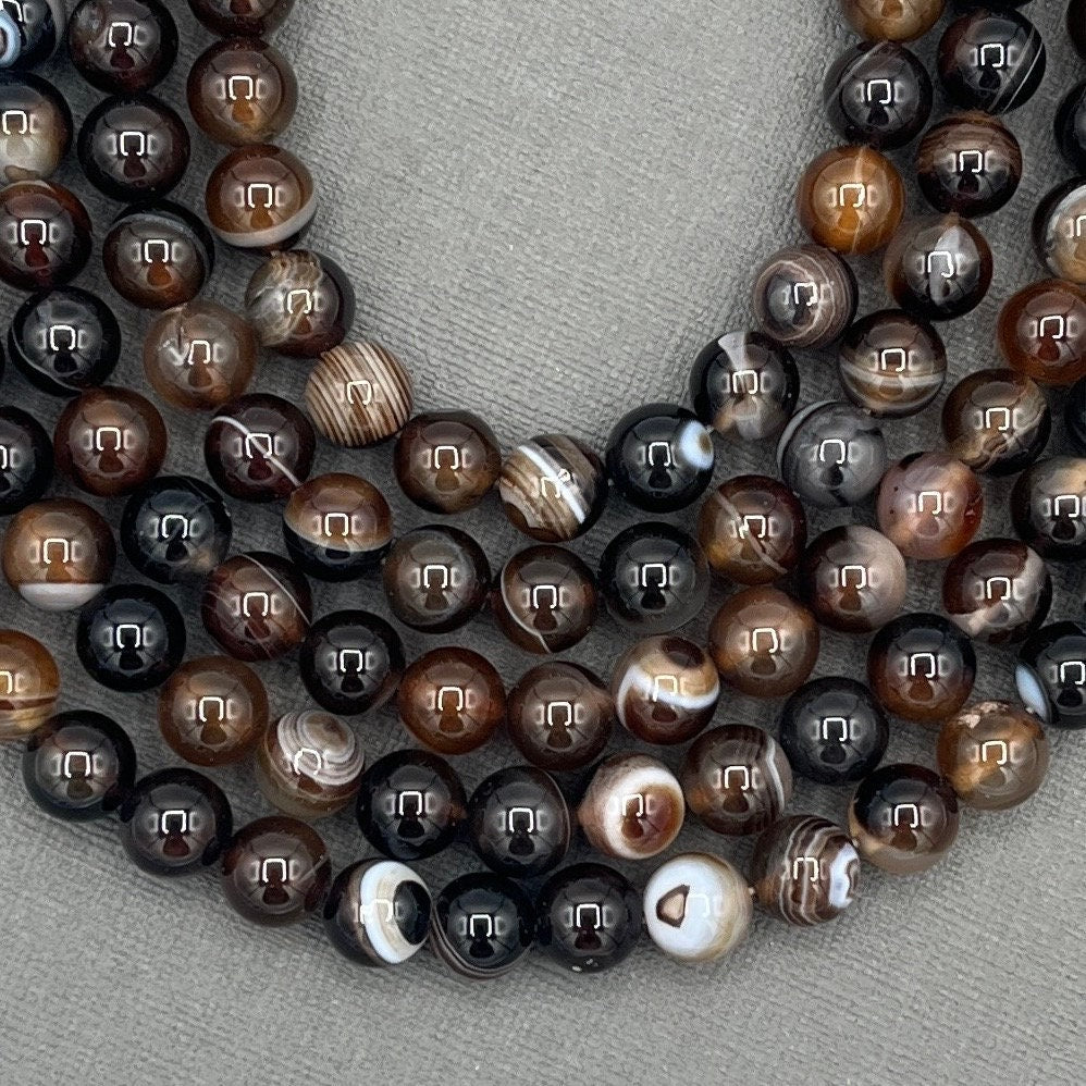 Natural 8mm Smooth Round Dark Brown Banded Agate Gemstone 15 Inch Strand of Beads