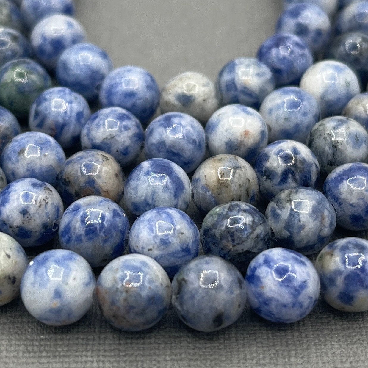 Natural 8mm Smooth Round Blue Spot Jasper Gemstone Strand of Beads