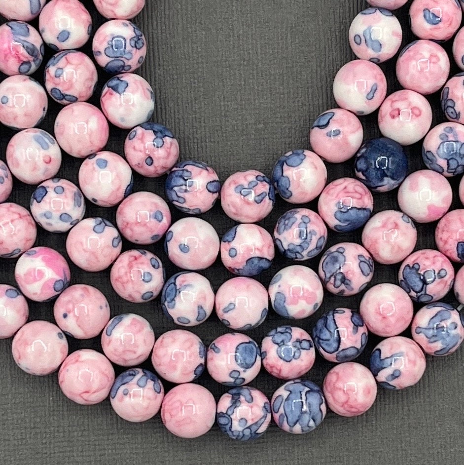Pink/Blue 8mm Smooth Round Rain Flower Dyed Jasper Gemstone Strand of Beads