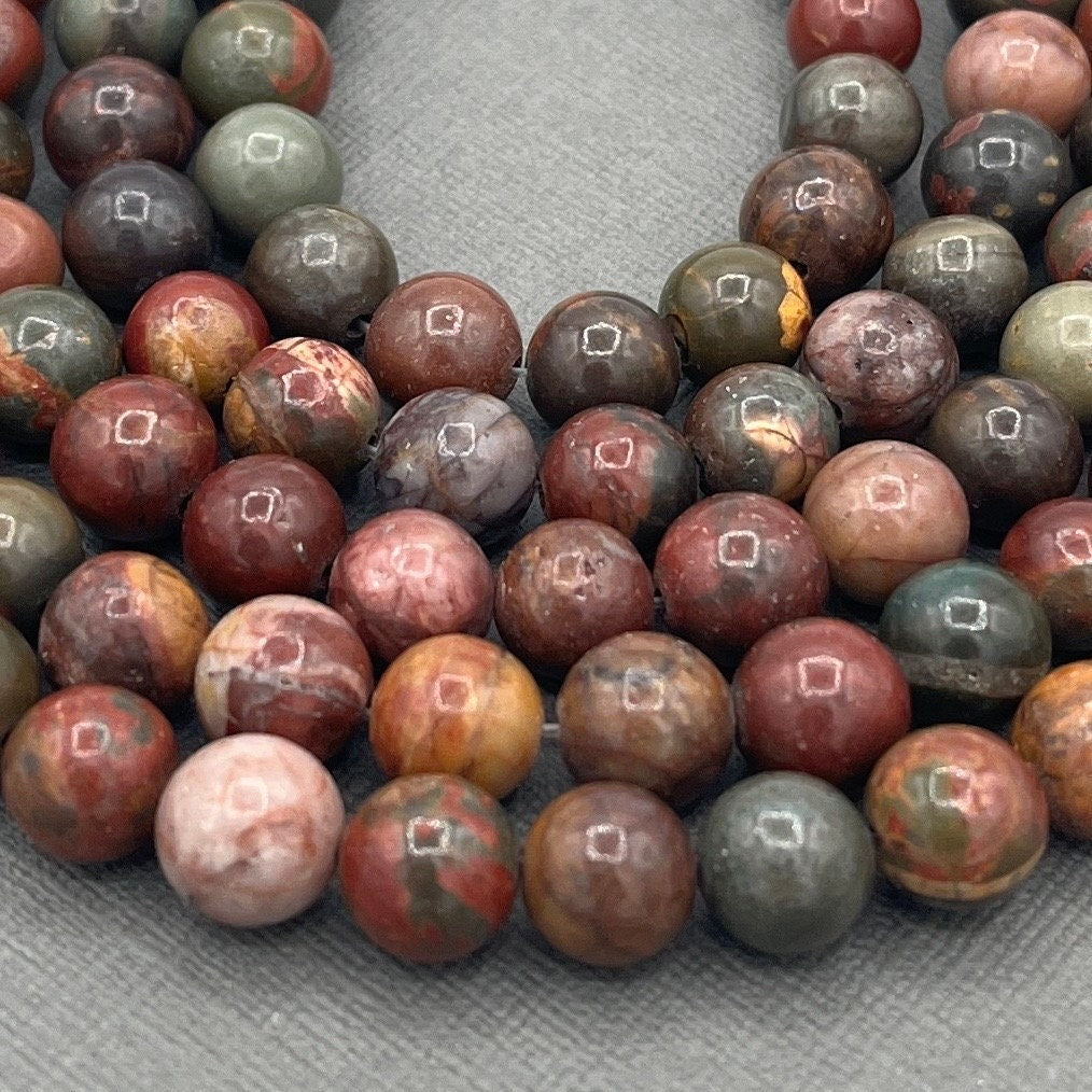 Natural 8mm Smooth Round Picasso Jasper Gemstone Strand of Beads, Red Creek Jasper