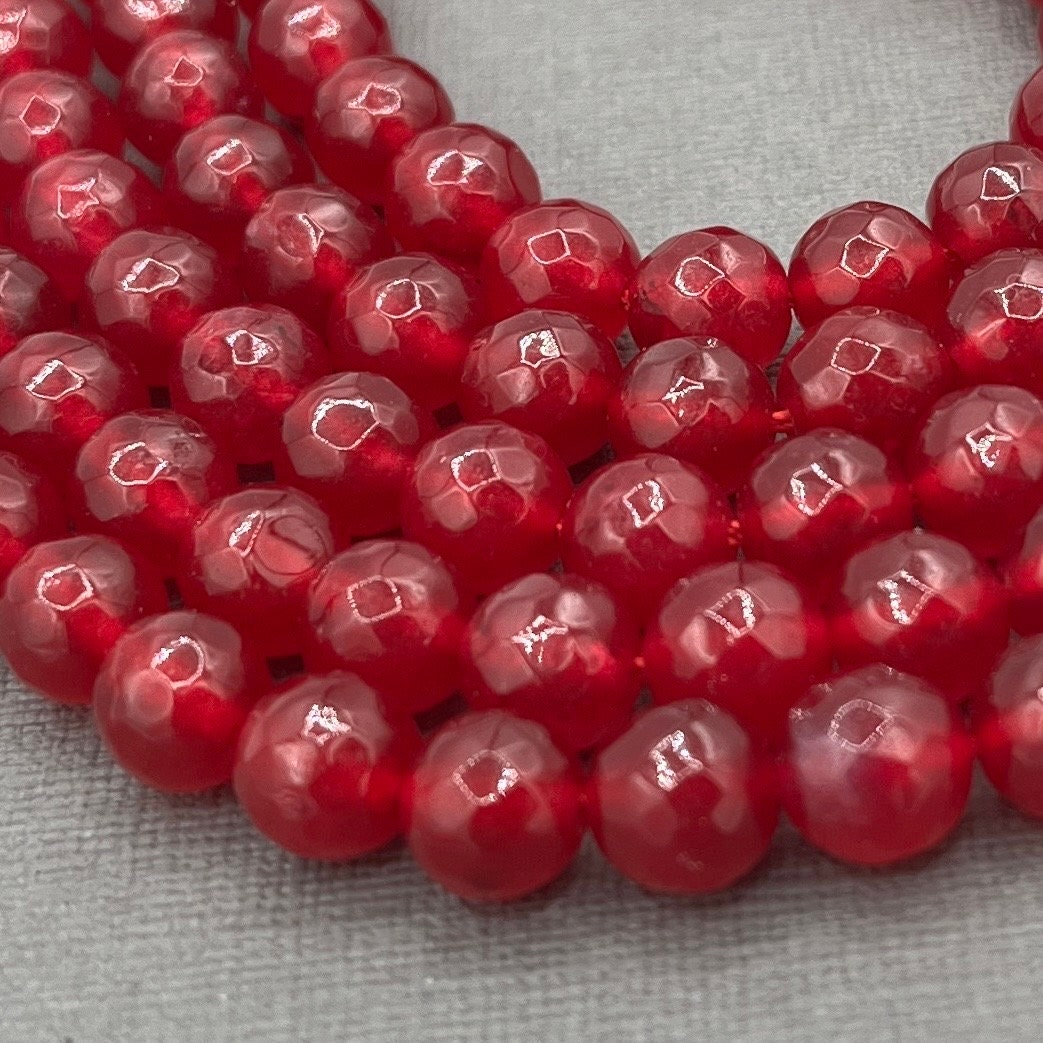 Natural 8mm Round Faceted Deep Cranberry Red Jade Strand of Beads