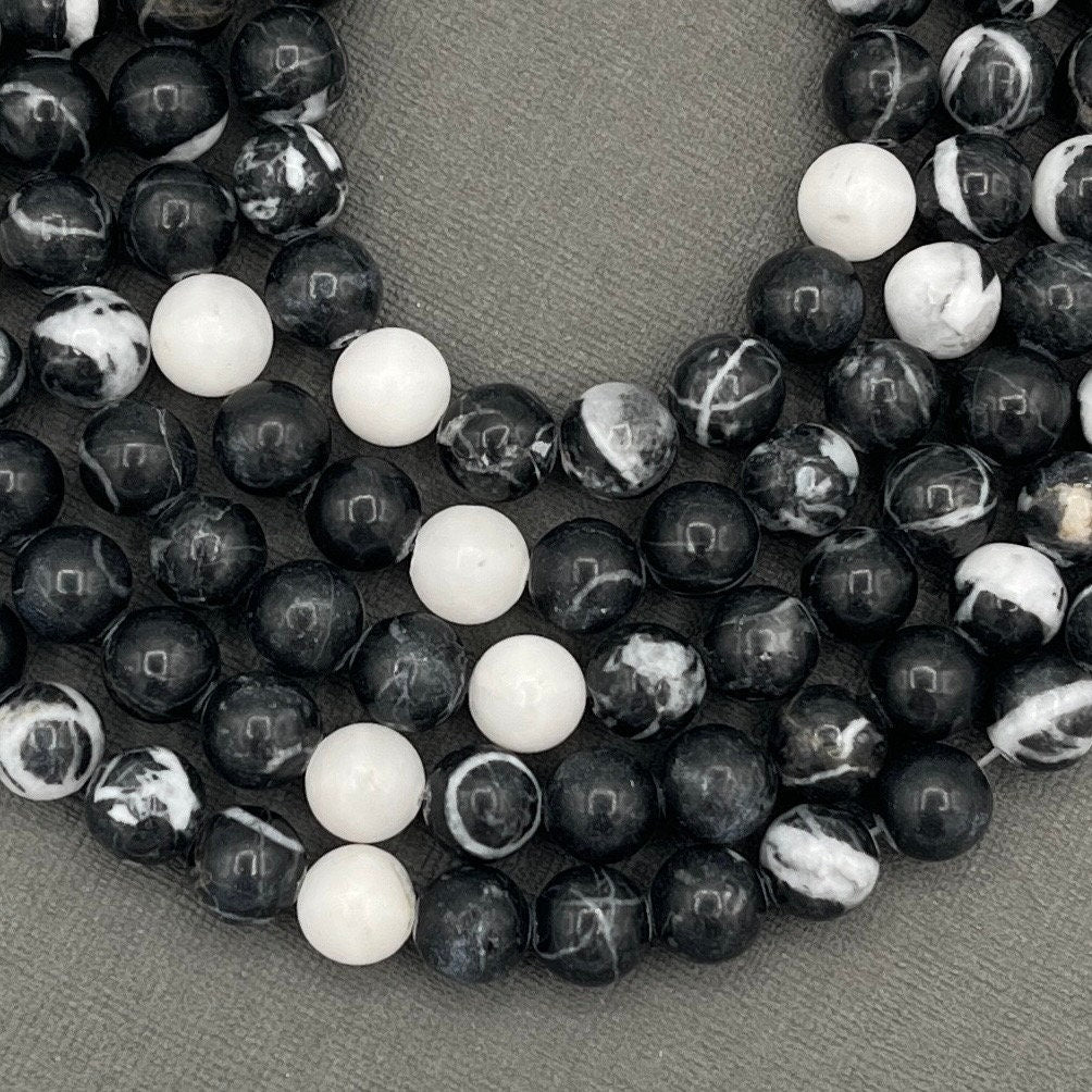 Natural 8mm Natural 8mm Gemstone Zebra Jasper Black and White Smooth Round Strand of Beads