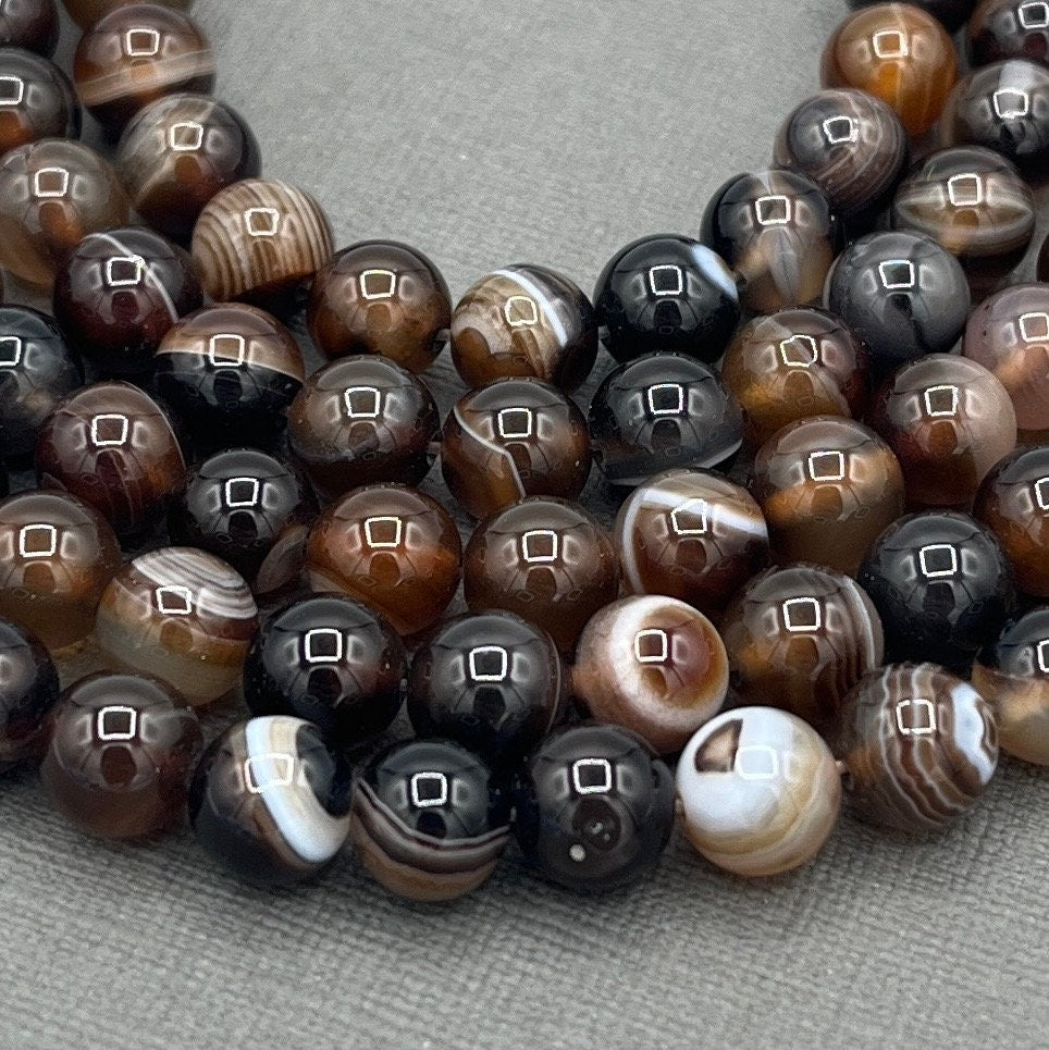 Natural 8mm Smooth Round Dark Brown Banded Agate Gemstone 15 Inch Strand of Beads