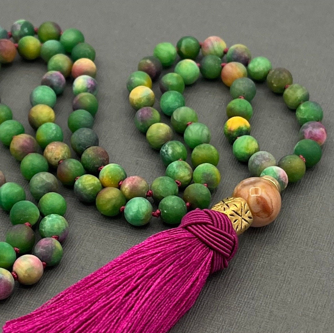 Green Kyanite Mala Necklace, Necklace with tassel, Yoga gift, Meditation Beads, Yoga Beads, BoHo necklace, Prayer Beads