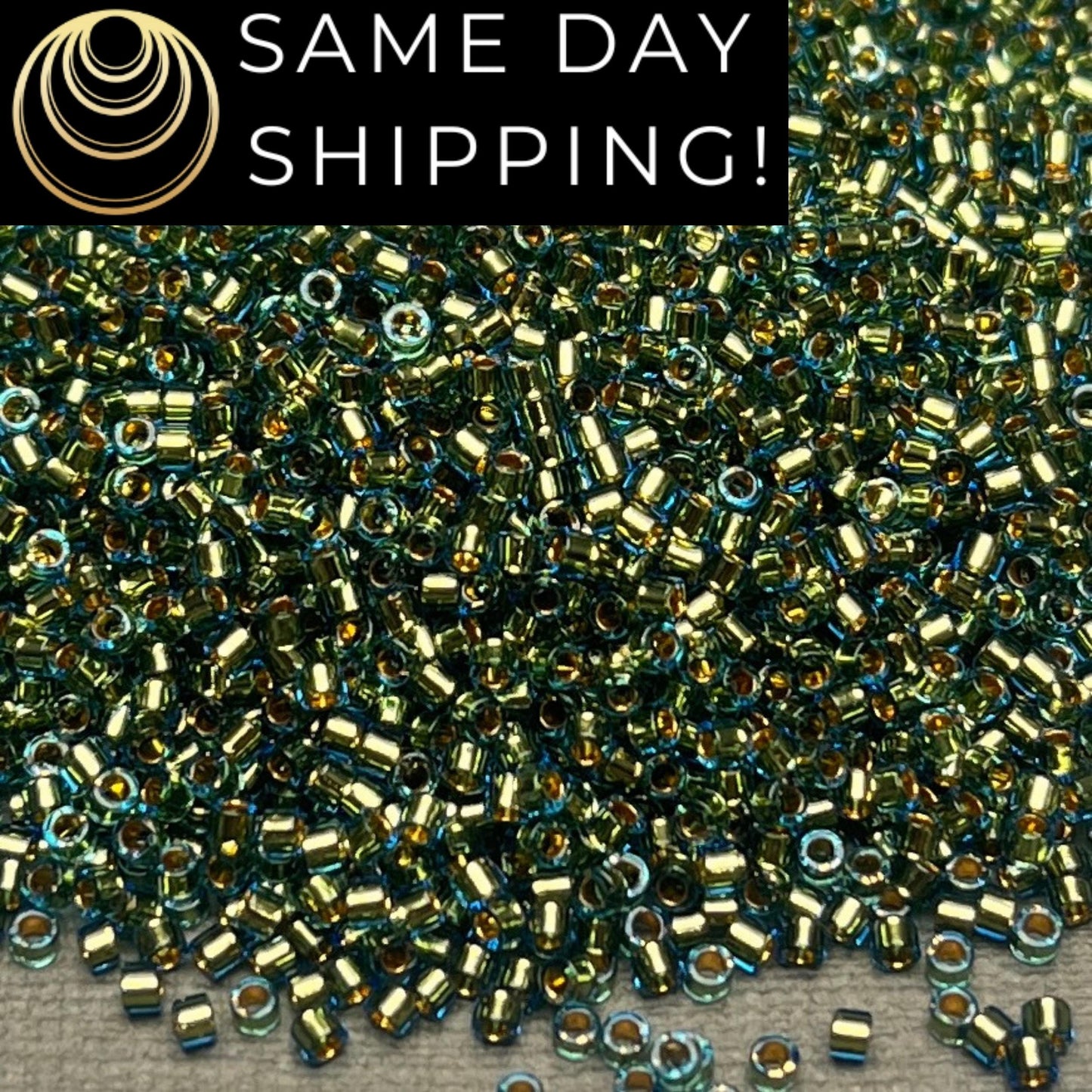 DB2523 (1 gram-20 grams) Miyuki Size 11/0 Delica Beads 24kt Gold Lined Moss Green-Free Container! Same Day Shipping!