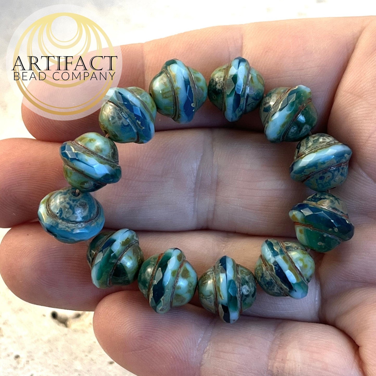 10x12mm Saturn Sky Blue, Teal, Emerald Czech Picasso Beads, 12 Beads