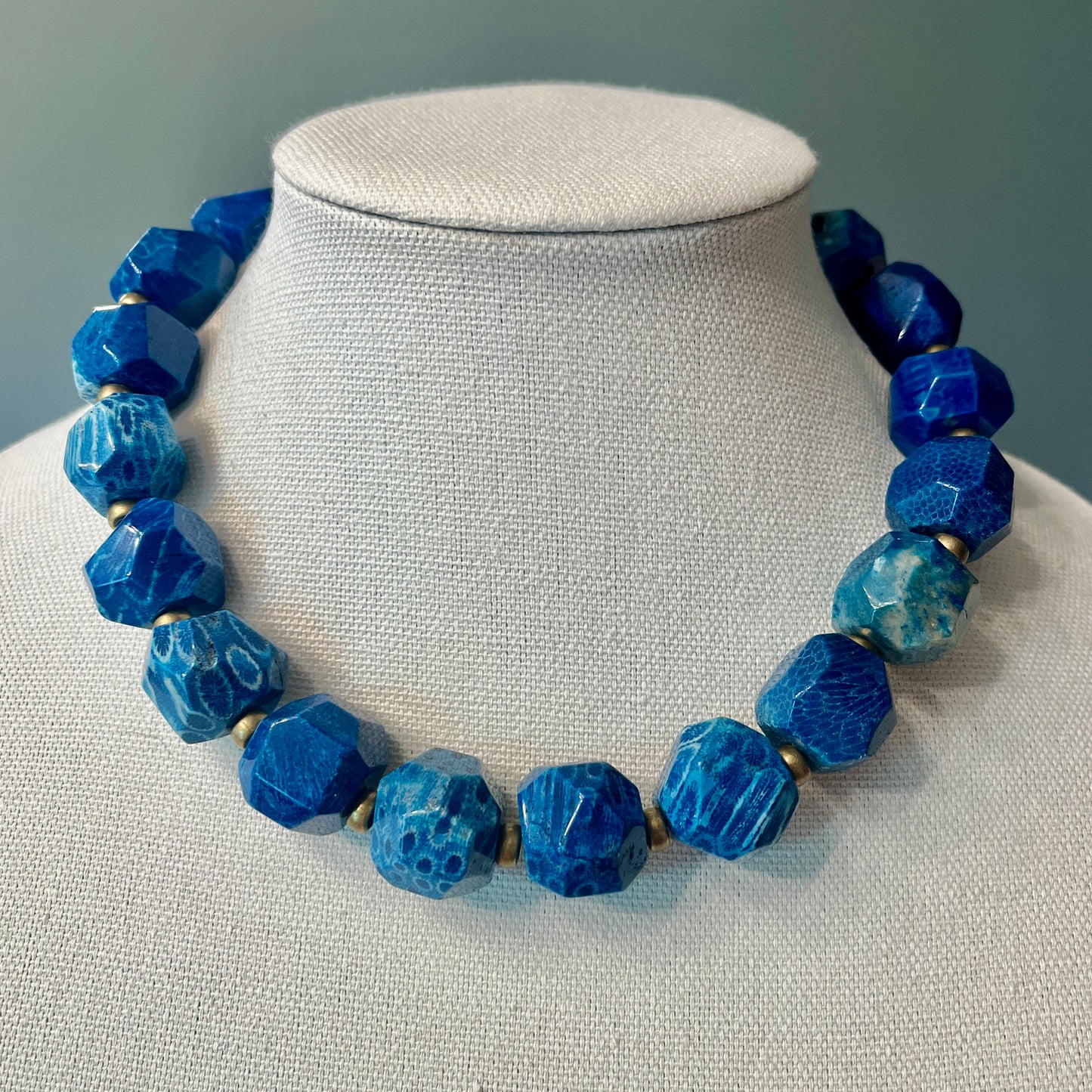 Blue Fossilized Coral Chunky Statement Necklace