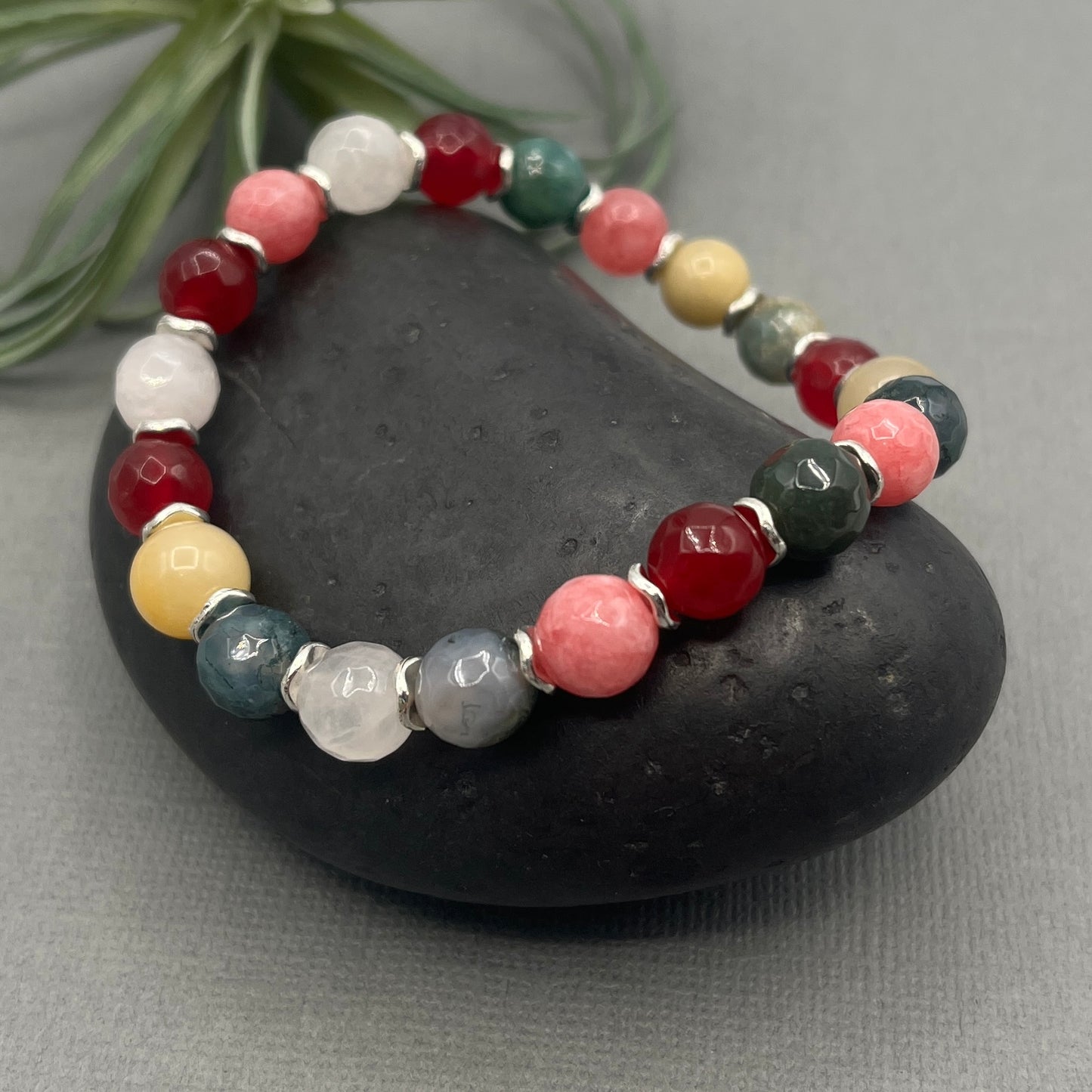 Mixed Gemstone Stretch Beaded Bracelet with Silver Accents