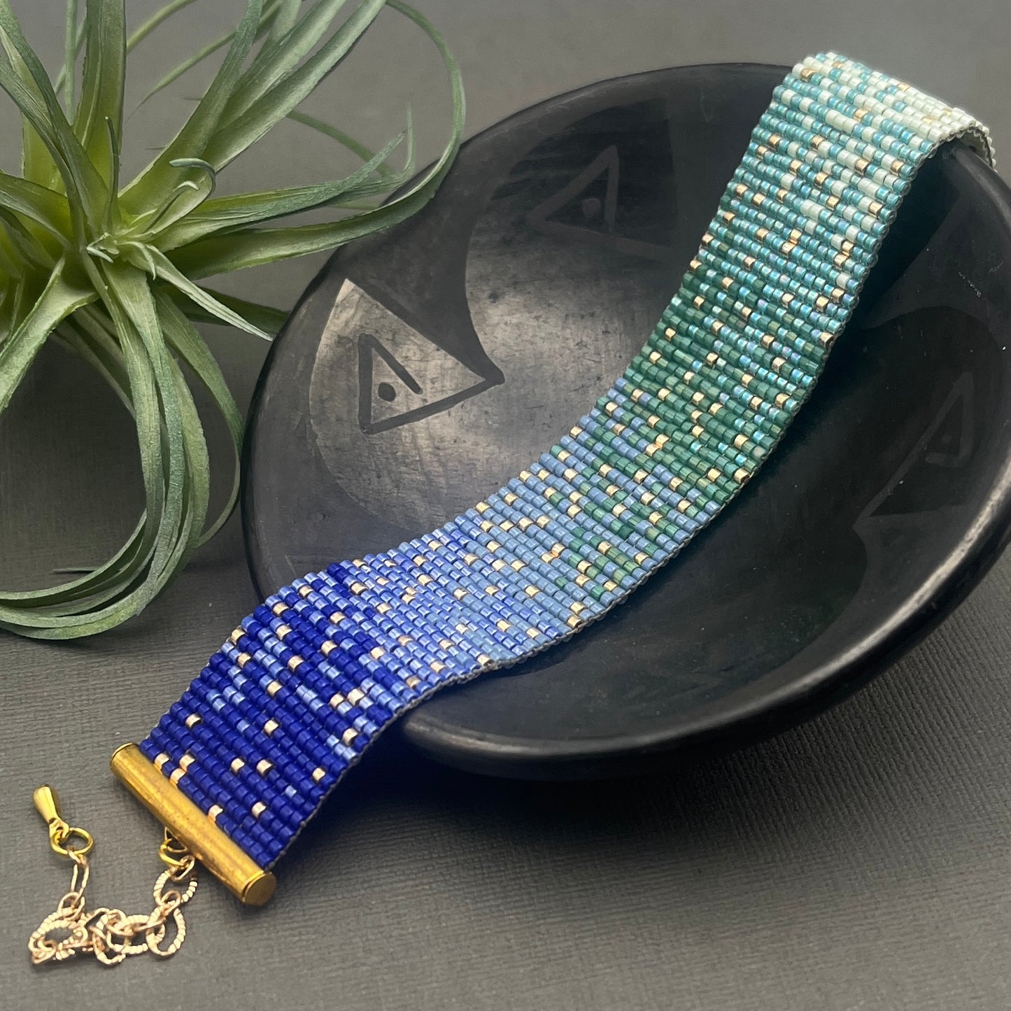 Blue and Green Woven Delica Beaded Bracelet