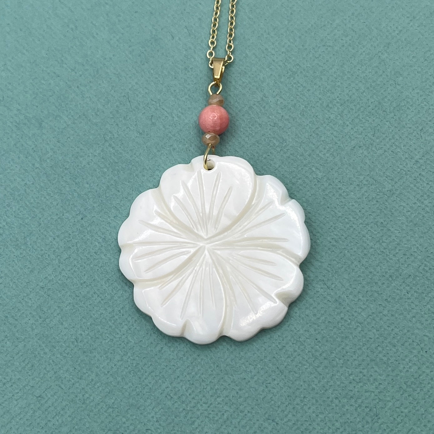 White Hibiscus Shell Pendant Earrings with Pink Shell Accent Bead and Gold Plated Ear Wires
